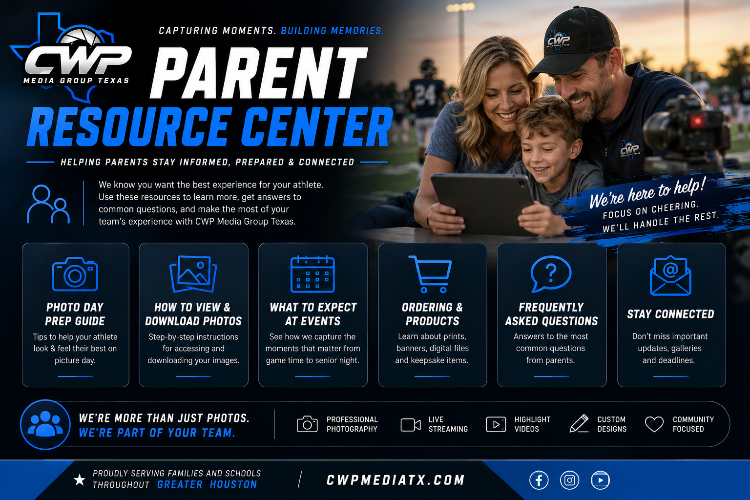 Promotional graphic for CWP Media Group Texas Parent Resource Center featuring a smiling family at a sports event using a tablet. The image highlights various resources including photo day prep guide, how to view and download photos, event expectations, ordering products, frequently asked questions, and staying connected. The graphic includes slogans like "We're here to help!" and "We're part of your team." It emphasizes community support and media services for families and schools throughout Greater Houston.