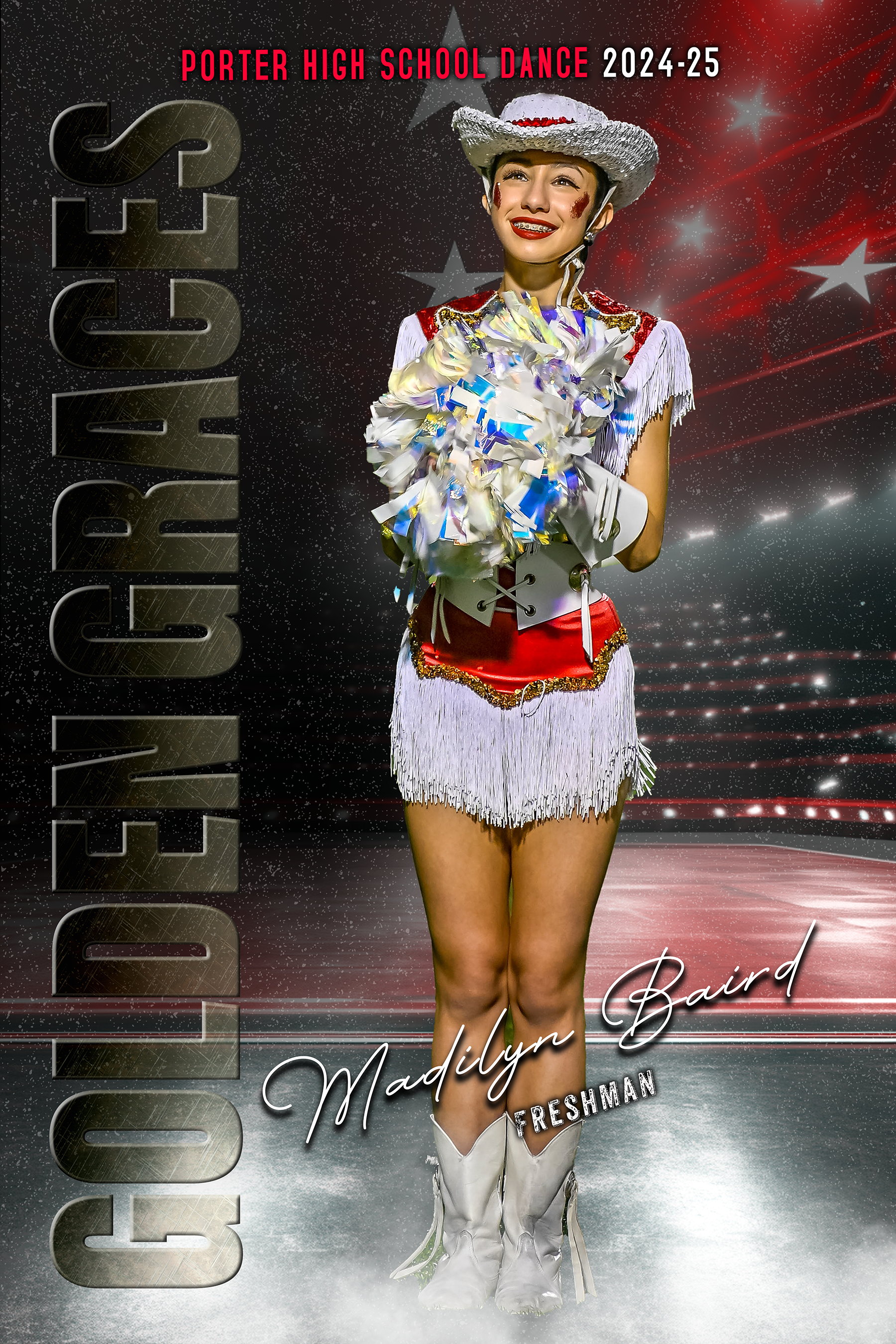 A young woman dressed as a cowboy or cowgirl in a white fringed dress with red and gold accents, wearing a silver cowboy hat and white boots, holding shiny pom-poms, standing on a stage with a starry background. The text on the image reads 'Porter Hi