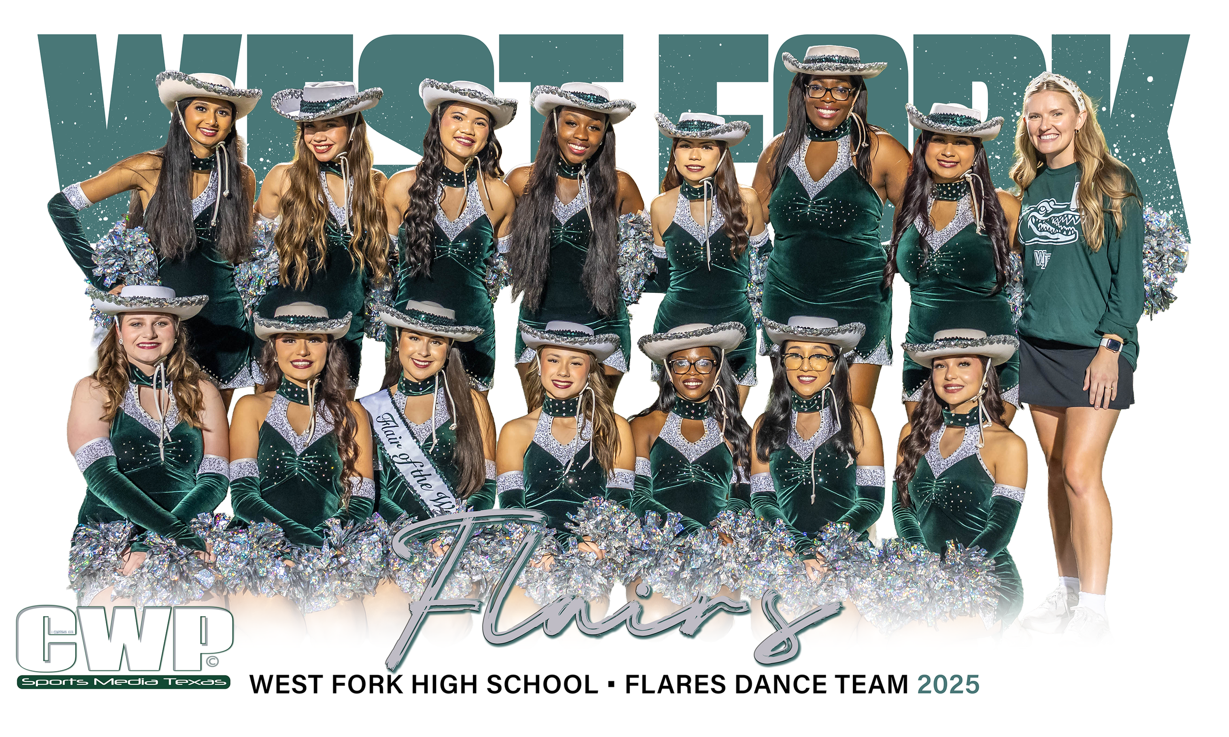 Photograph of a cheerleading team from West Fork High School during the 2025 school year. The team members are dressed in green and silver costumes with sequins, hats, and pom-poms, standing in front of a backdrop with large text and the logo of Spor