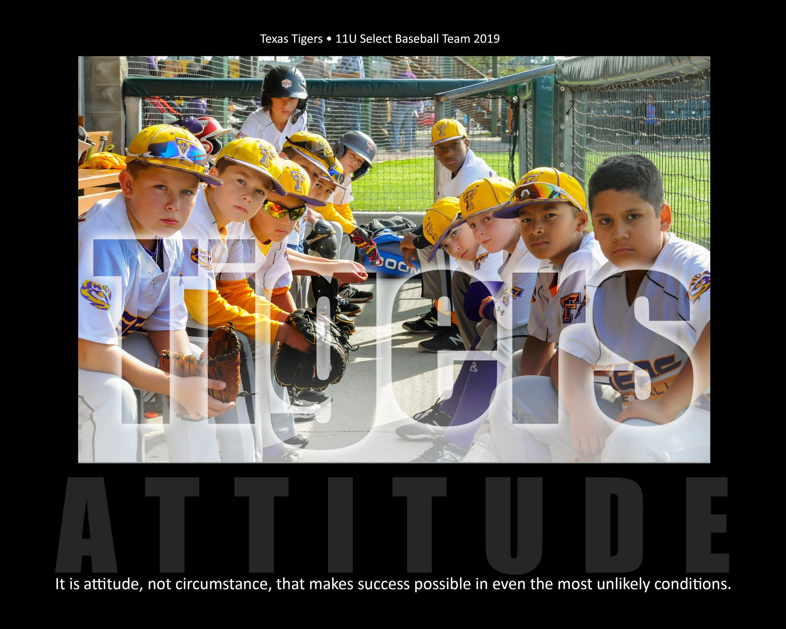 A group of young boys in baseball uniforms and caps sitting in a dugout at a baseball field, with some wearing sunglasses and helmets, and a coach or adult standing behind them. The background shows a chain-link fence and spectators watching the game