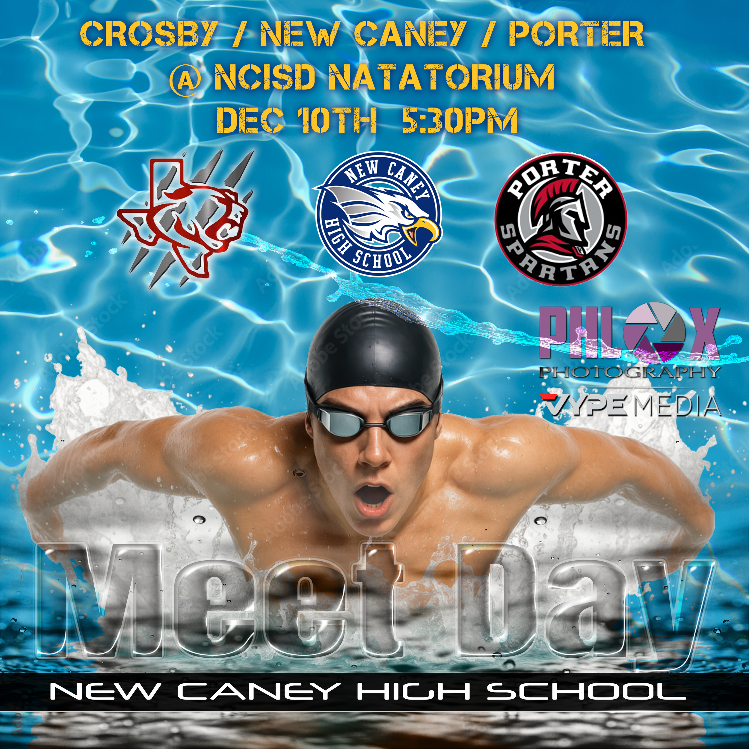 A swimmer wearing goggles, submerged head underwater, with a swimming pool background. The image promotes an event for New Caney High School featuring Crosby, New Caney, and Porter at NCISD Natatorium on December 10th at 5:30 PM.