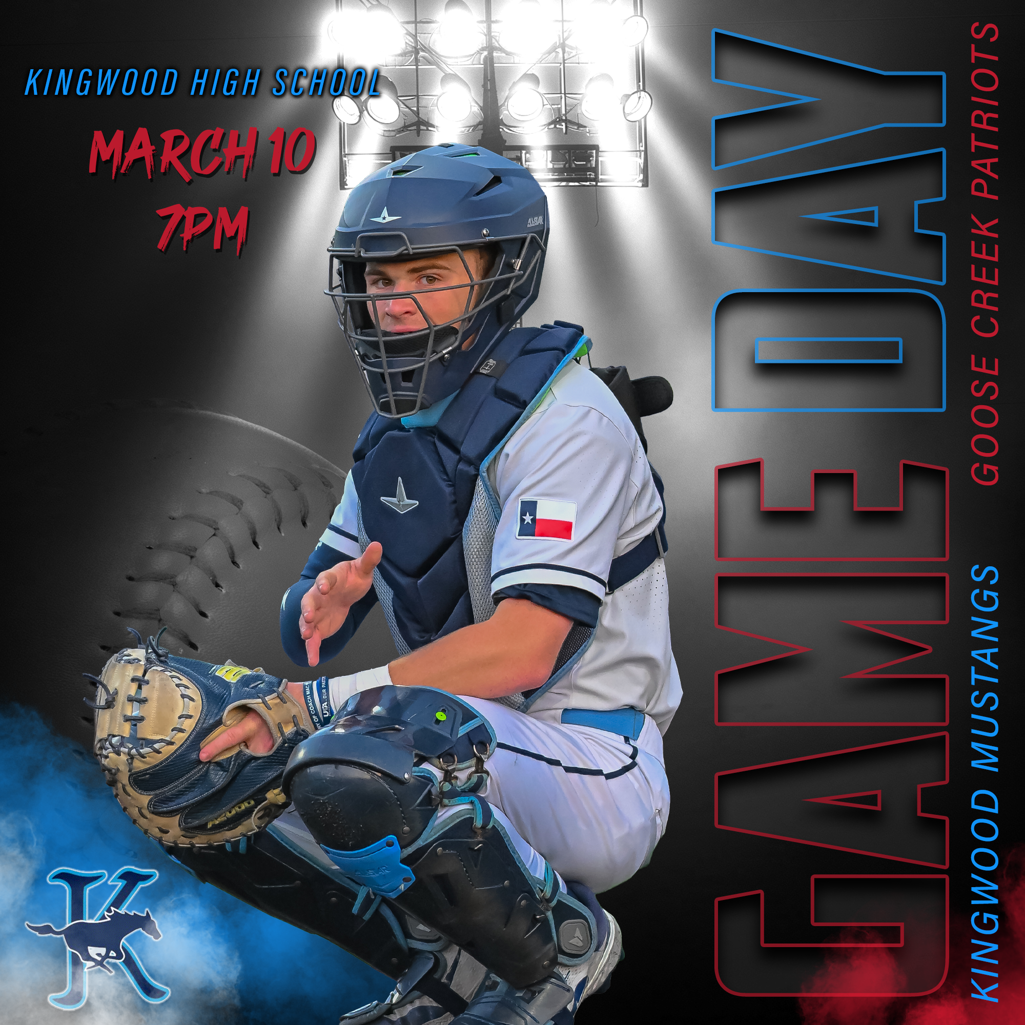 A promotional banner featuring a young baseball player dressed in a uniform and helmet, holding a baseball glove, with a stadium background and event details for a game at Kingwood High School on March 10 at 7 PM.