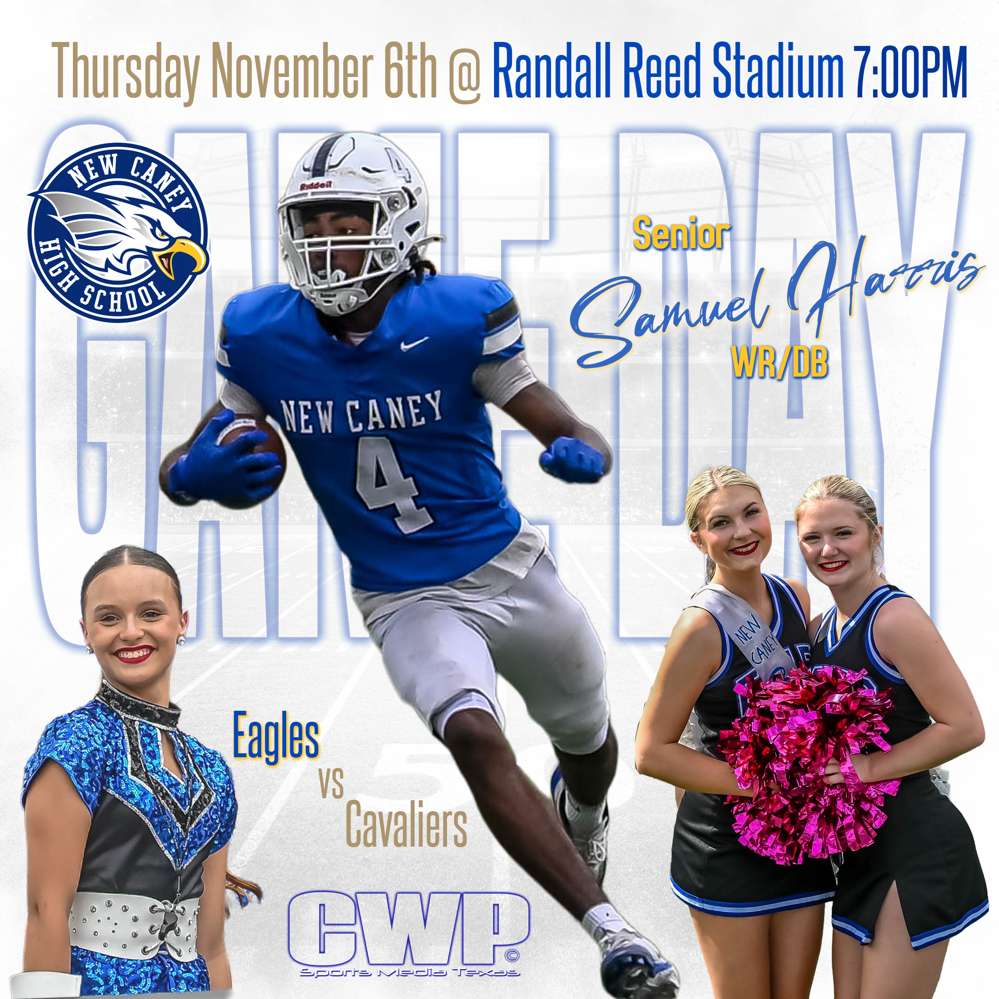 Promotional poster for a football game between the New Caney Eagles and the Cavaliers at Randall Reed Stadium. Features football player, cheerleaders, and game details.