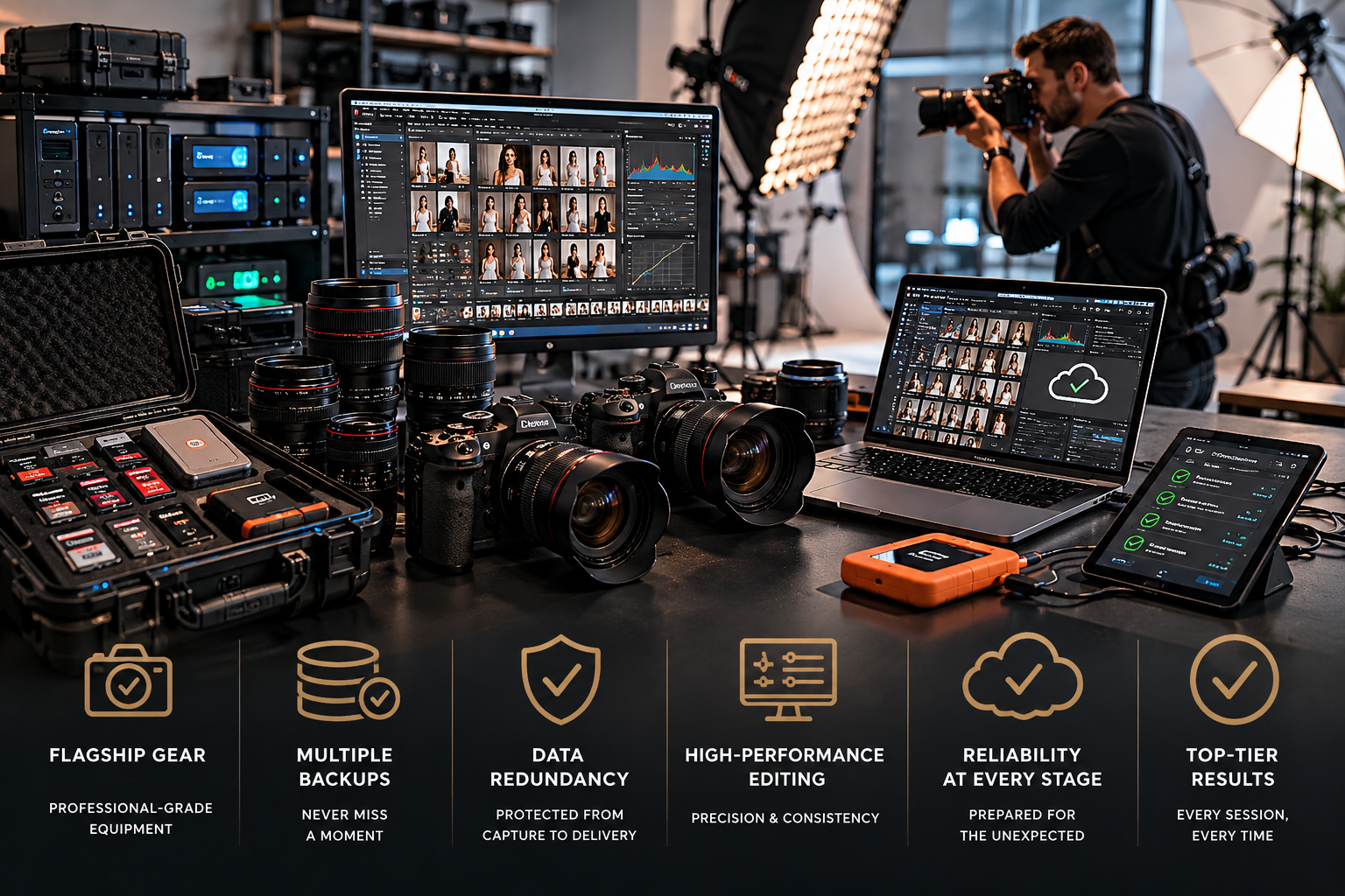 A professional photography setup with cameras, lenses, computer monitors showing photo editing software, and a photographer taking pictures in a studio.