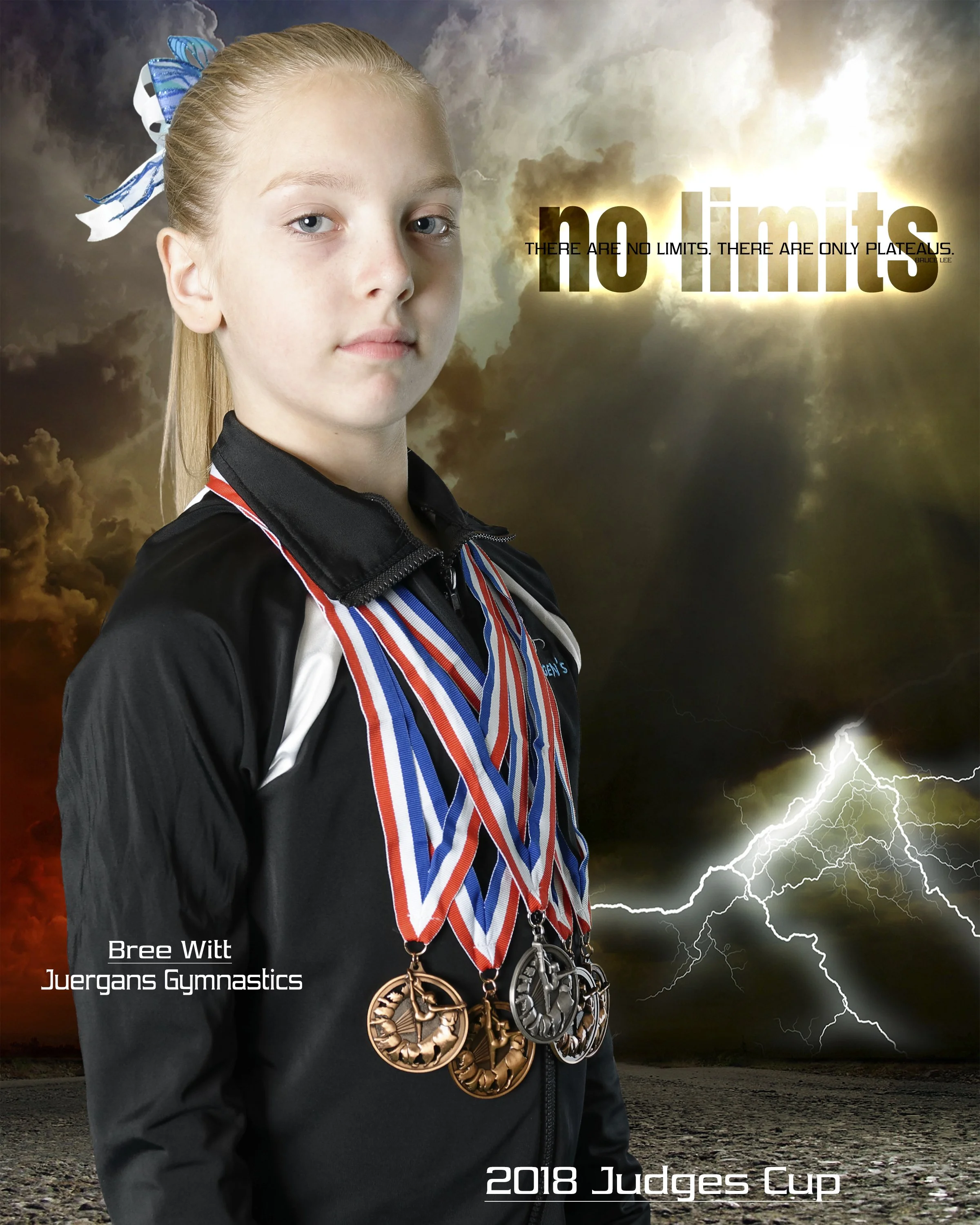A young female gymnast with medals around her neck standing outdoors against a stormy sky with lightning, during the 2018 Judges Cup.