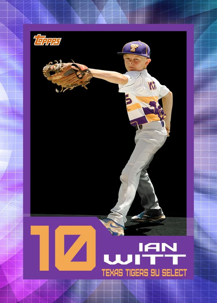 A baseball card of a young boy in a baseball uniform and a cap, holding a glove and in a pitching stance. The card features the Texas Tigers 9U Select team, number 10, and the name Ian Witty.