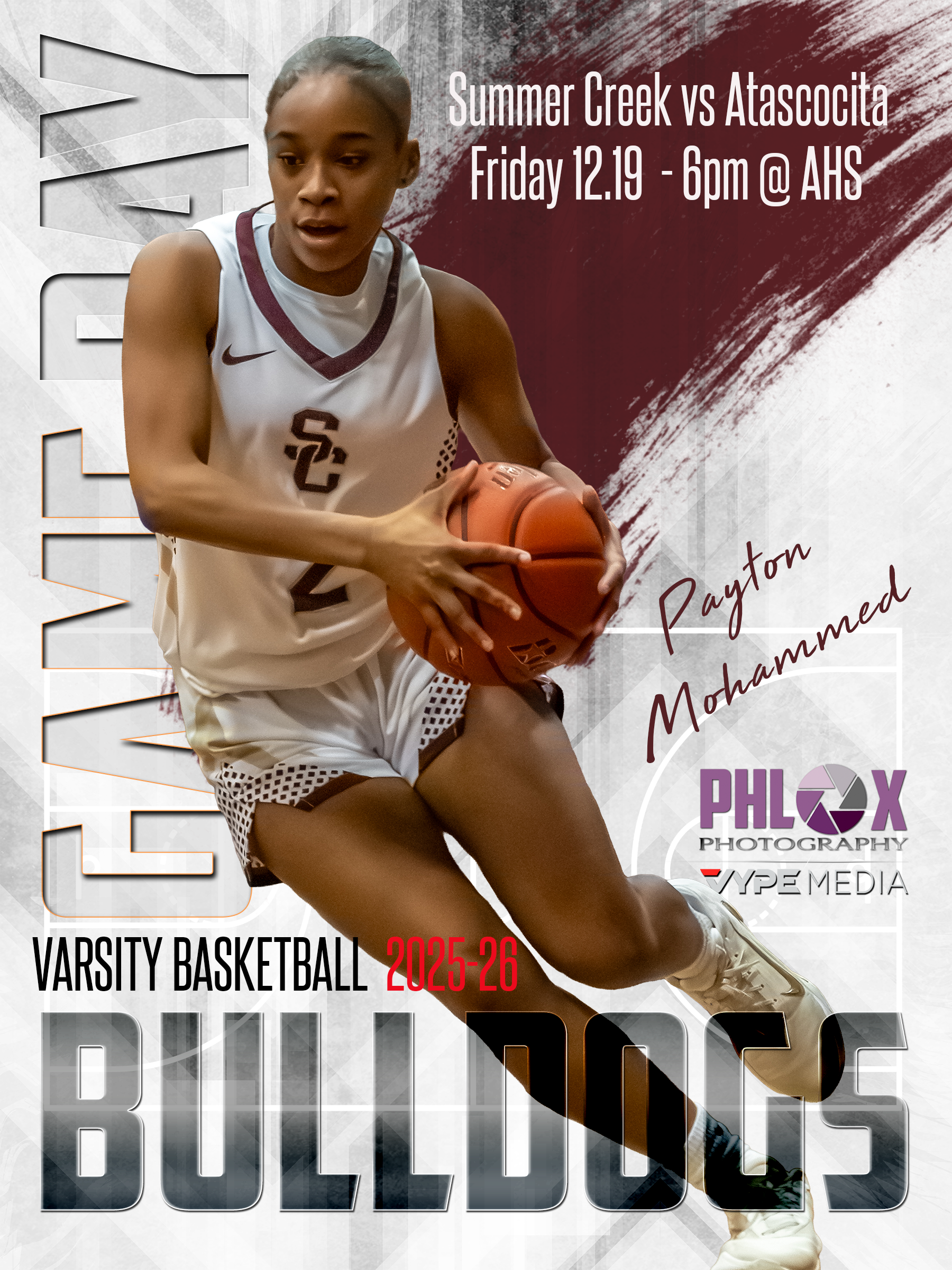 A female basketball player in a white uniform with the letter 'S' is dribbling a basketball. The background features text promoting a varsity basketball game between Summer Creek and Atascocita on December 19 at 6 pm at AHS, with the logo of PHLOX ph