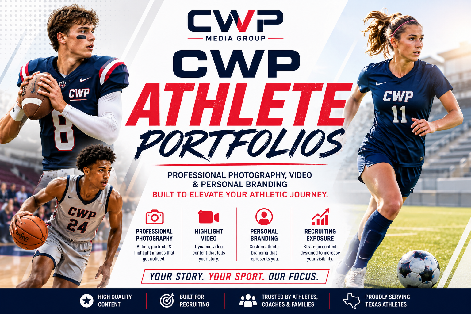 Promotional graphic for CWP Athlete Portfolios featuring three athletes in action, one football player, one basketball player, and one soccer player, with text highlighting professional photography, video, branding, and recruiting services for athletes, coaches, and families.