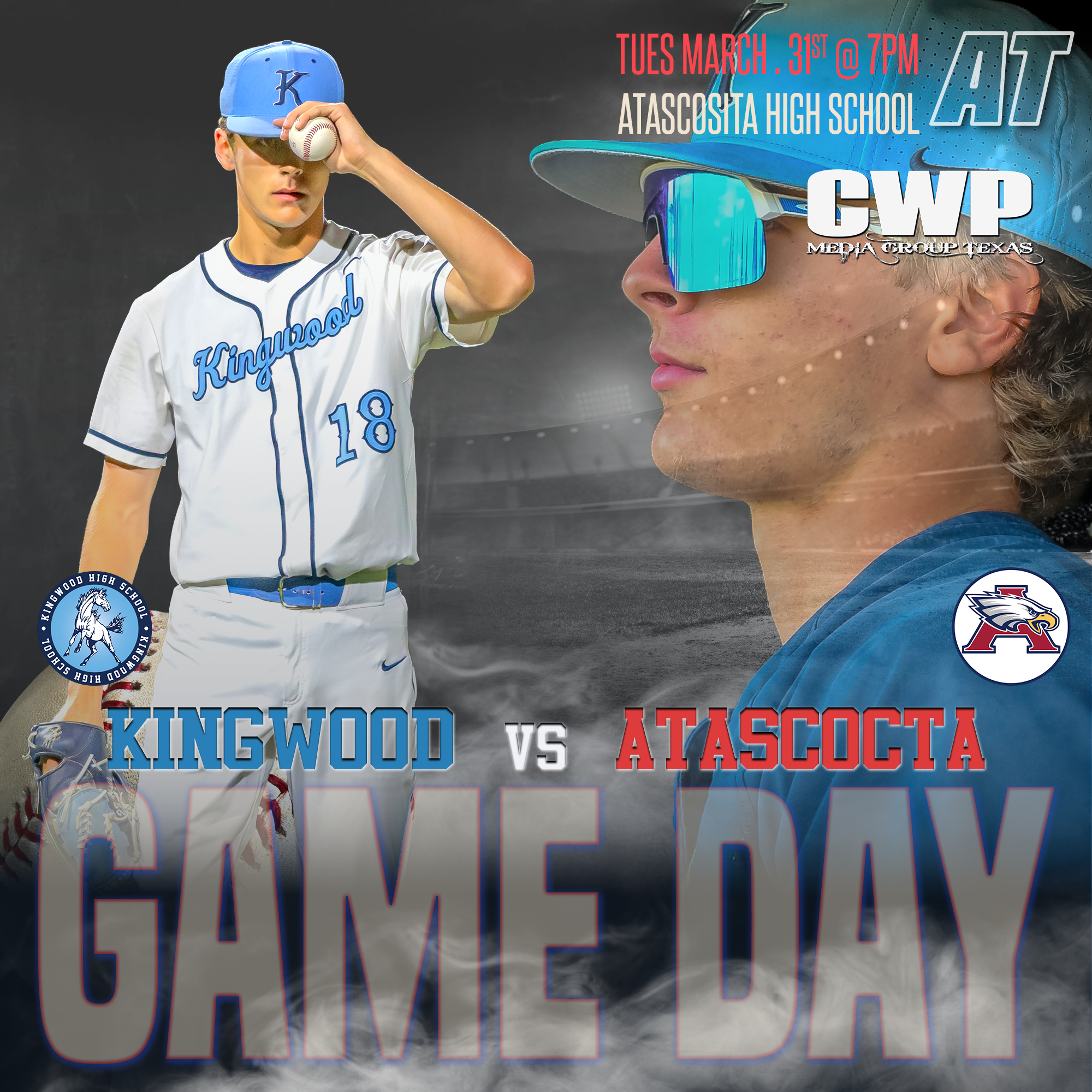 A promotional poster features two young athletes in baseball and disc golf uniforms. The boy on the left is wearing a white grade school baseball jersey with blue accents and a blue cap, holding a baseball near his face. The girl on the right is wear