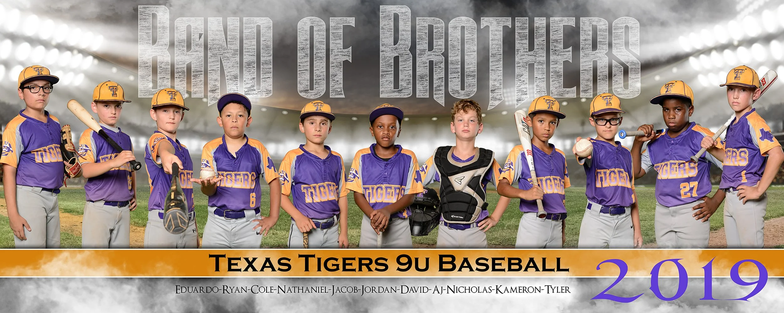 Group of young baseball players from the Texas Tigers 9U team standing on a baseball field, wearing purple and yellow uniforms, holding baseball gear, with a stadium background and text "Kind of Busted" and "Texas Tigers 9U Baseball 2019" at the top 