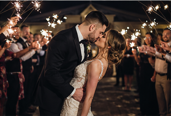 A newlywed couple sharing a kiss at their wedding reception surrounded by guests holding sparklers.