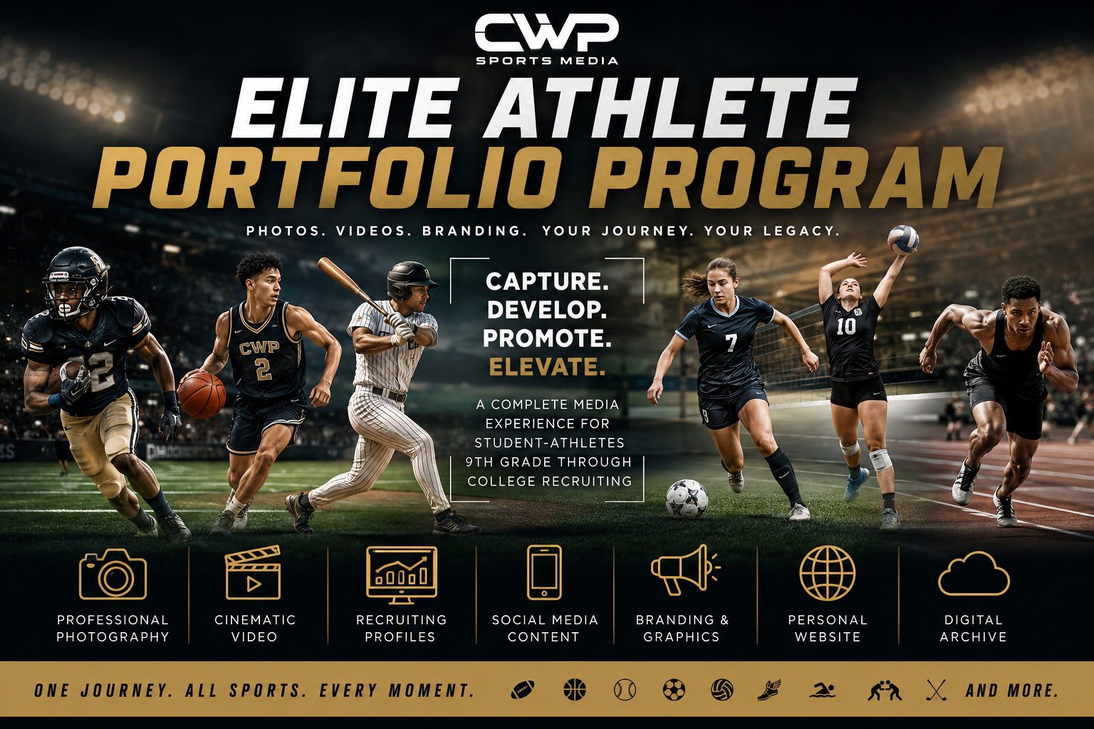 A promotional graphic for CWP Sports Media Elite Athlete Portfolio Program features athletes from various sports, including football, baseball, soccer, volleyball, and track, on a stadium field. The text emphasizes capturing, developing, promoting, and elevating student-athletes' media exposure, and highlights services such as professional photography, cinematic video, recruiting profiles, social media content, branding graphics, personal websites, and digital archives.