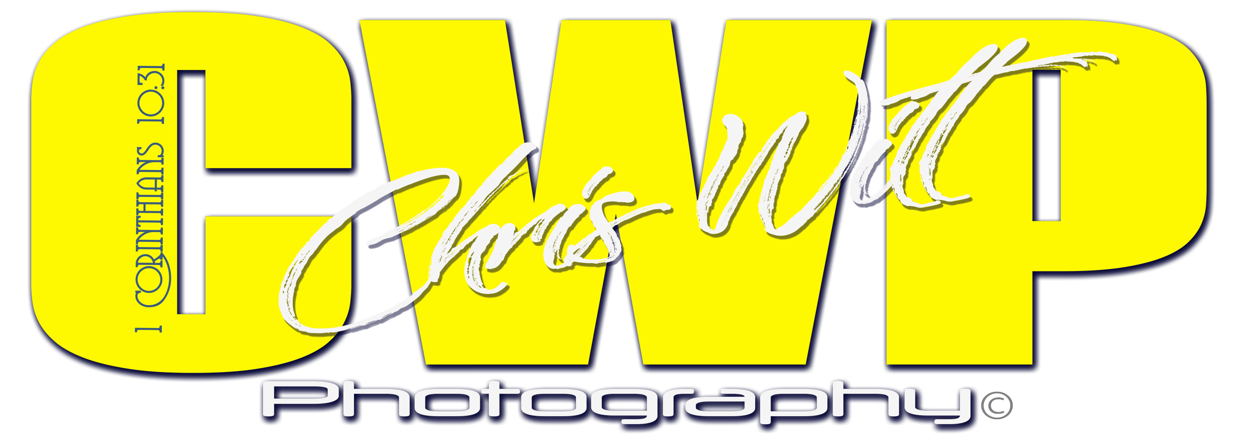 Logo for OMP Photography with large yellow and navy letters, the words 'Orlando' and '200' with 'Chris U' handwritten script overlay, and 'Photography' in smaller navy text at the bottom.