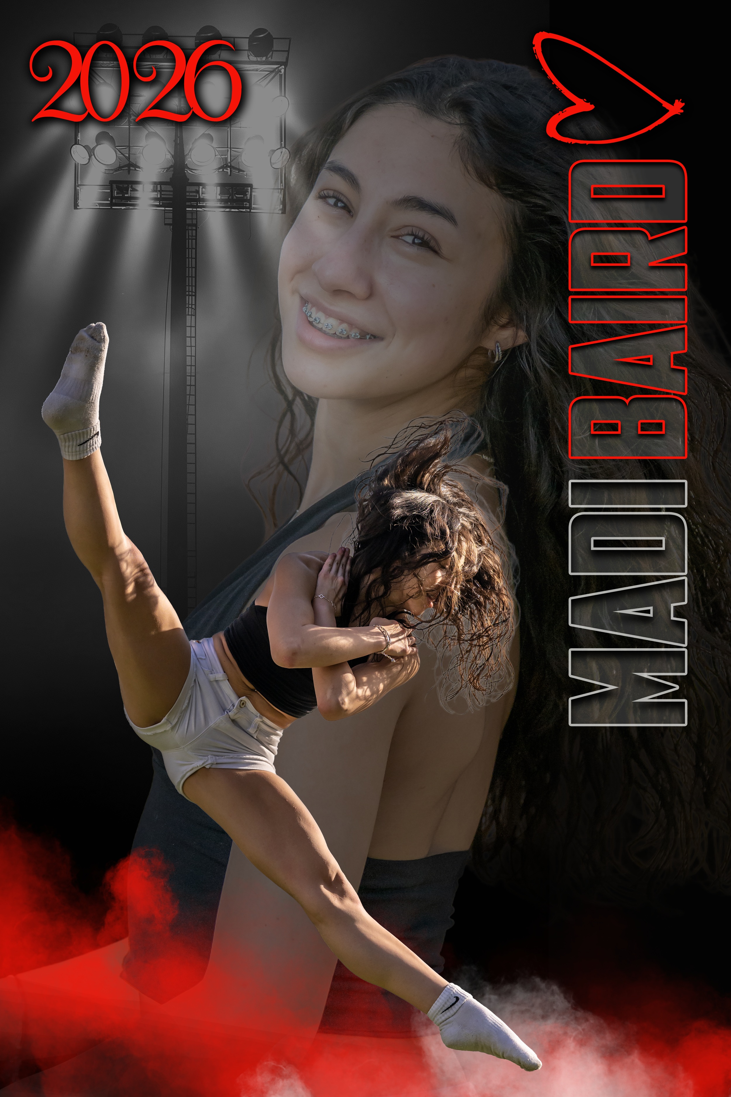 A young woman with long dark hair and braces is smiling and standing on one leg in a yoga pose, with her arms bent and her hands clasped around her ankle, wearing a black sports bra and white shorts. Behind her, there is a large background image of h