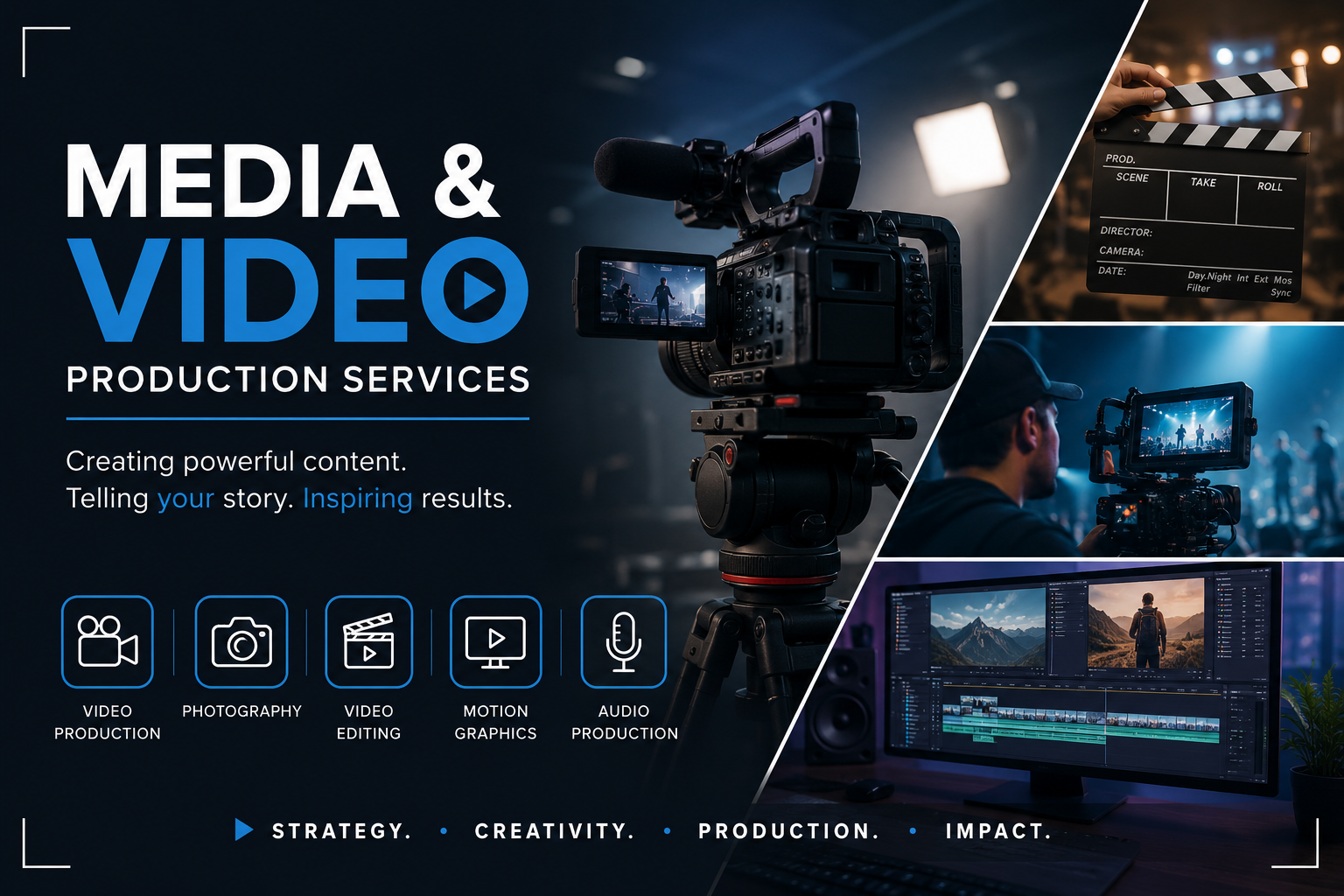 A promotional image for media and video production services featuring a professional camera filming a stage performance, a film slate, a person using a camera on set, and a computer monitor with video editing software, emphasizing video production, photography, editing, motion graphics, and audio production.