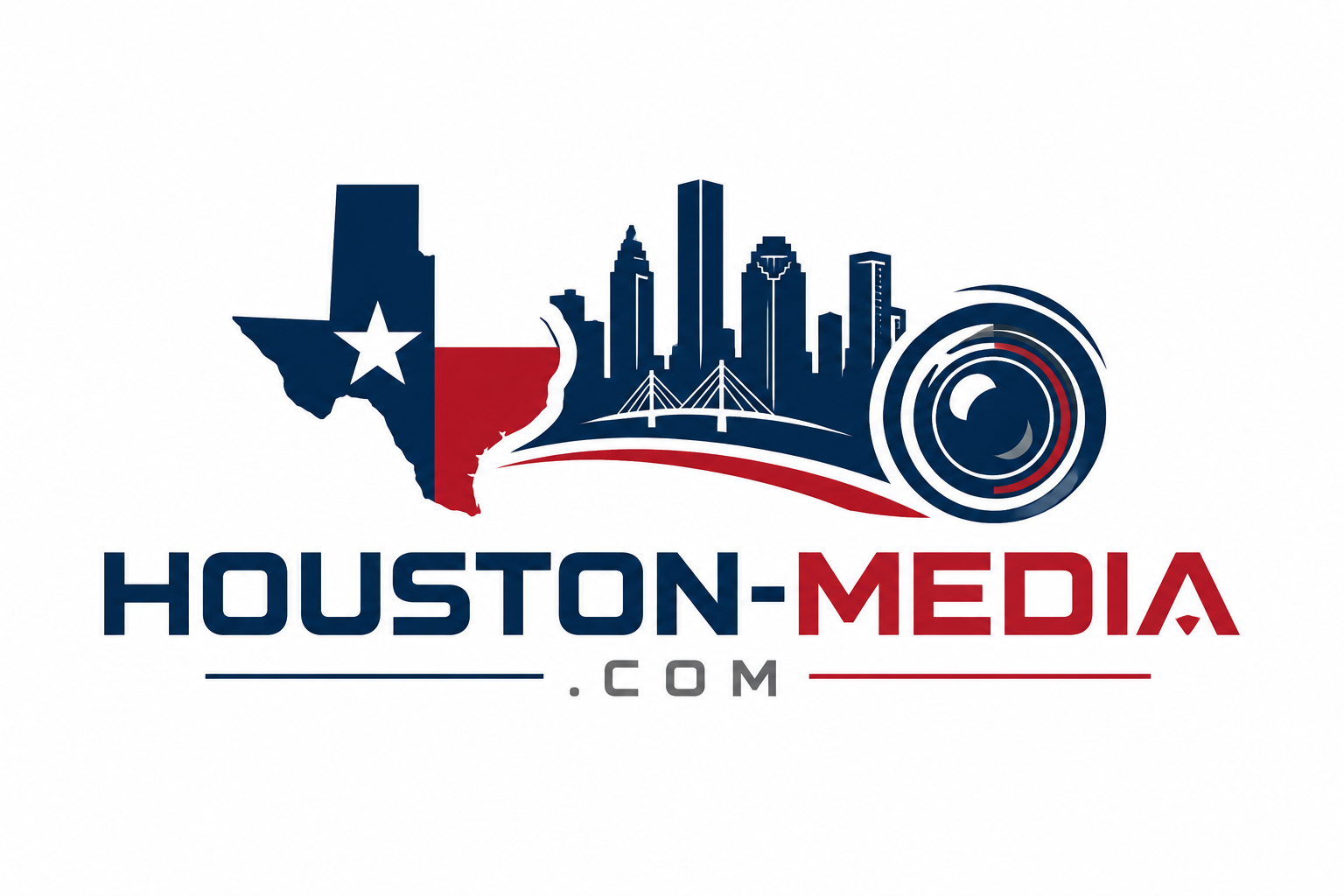 Logo featuring a city skyline, a bridge, and a camera lens with a Texas map outline colored in red, white, and blue, with the text 'HOUSTON-MEDIA.COM' in bold.