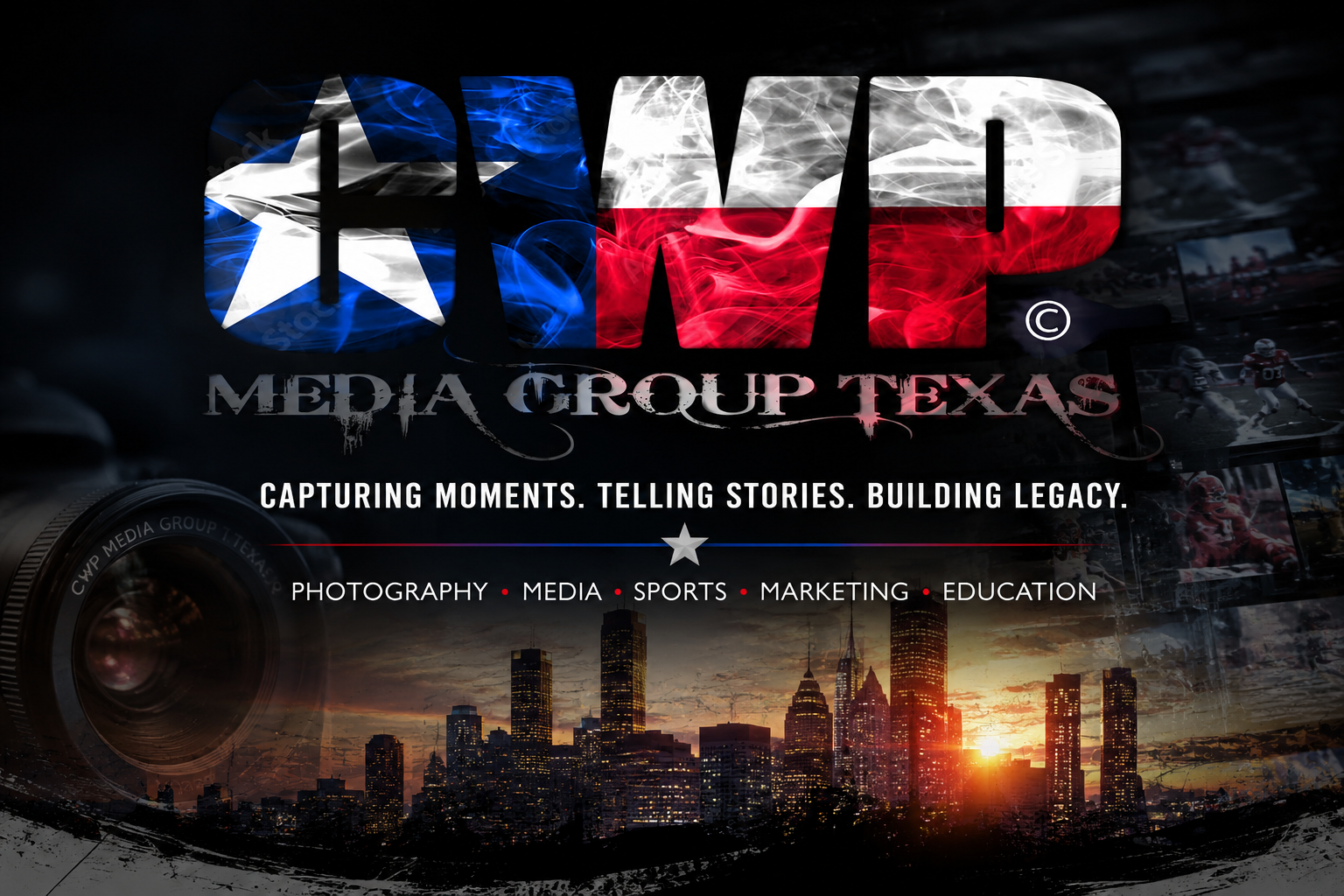Logo for CVS Media Group Texas with a Dallas city skyline at sunset, featuring a camera lens and photographs, and text stating capturing moments, telling stories, building legacy; services include photography, media, sports, marketing, and education.