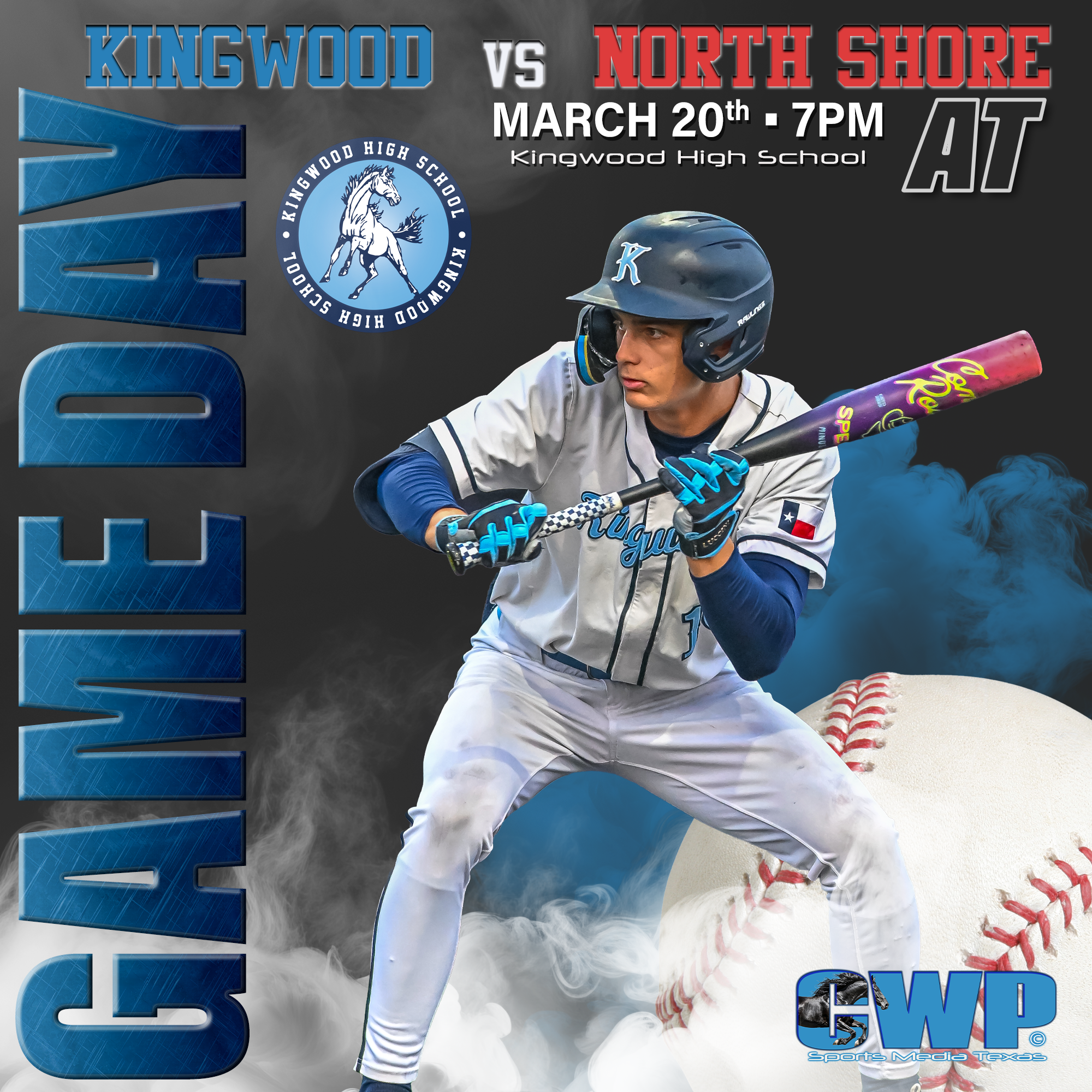 A baseball player in a gray and blue uniform with a helmet and glove, mid-swing, with the text "Kingwood vs North Shore" and details about a game on March 20 at 7 PM, promoting the event at Kingwood High School.