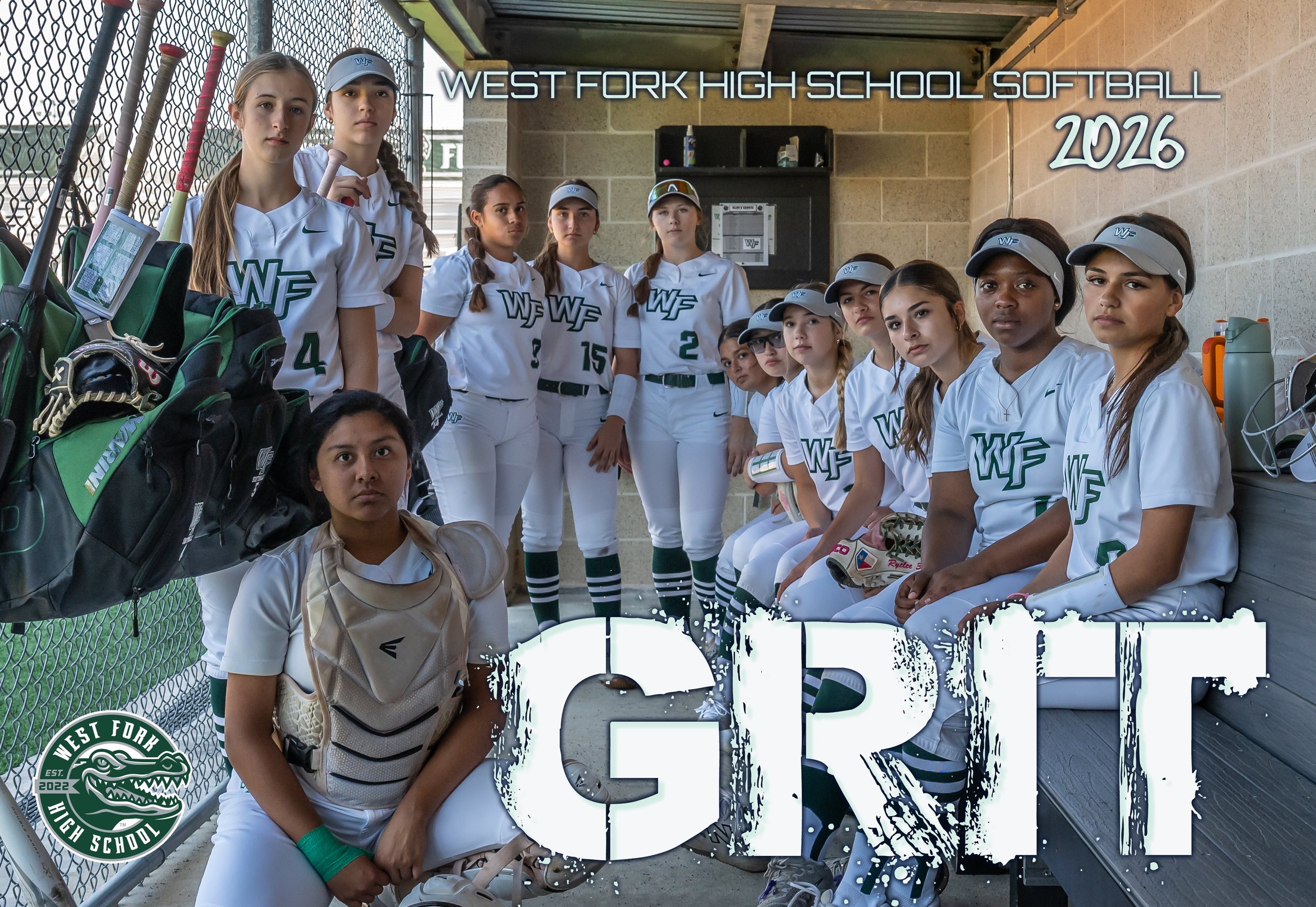 A group of young female softball players in white uniforms with green and black accents, some wearing caps and others with hair in braids, are standing and sitting in a dugout area by a baseball field fence. The text overlays include "West Fork High 
