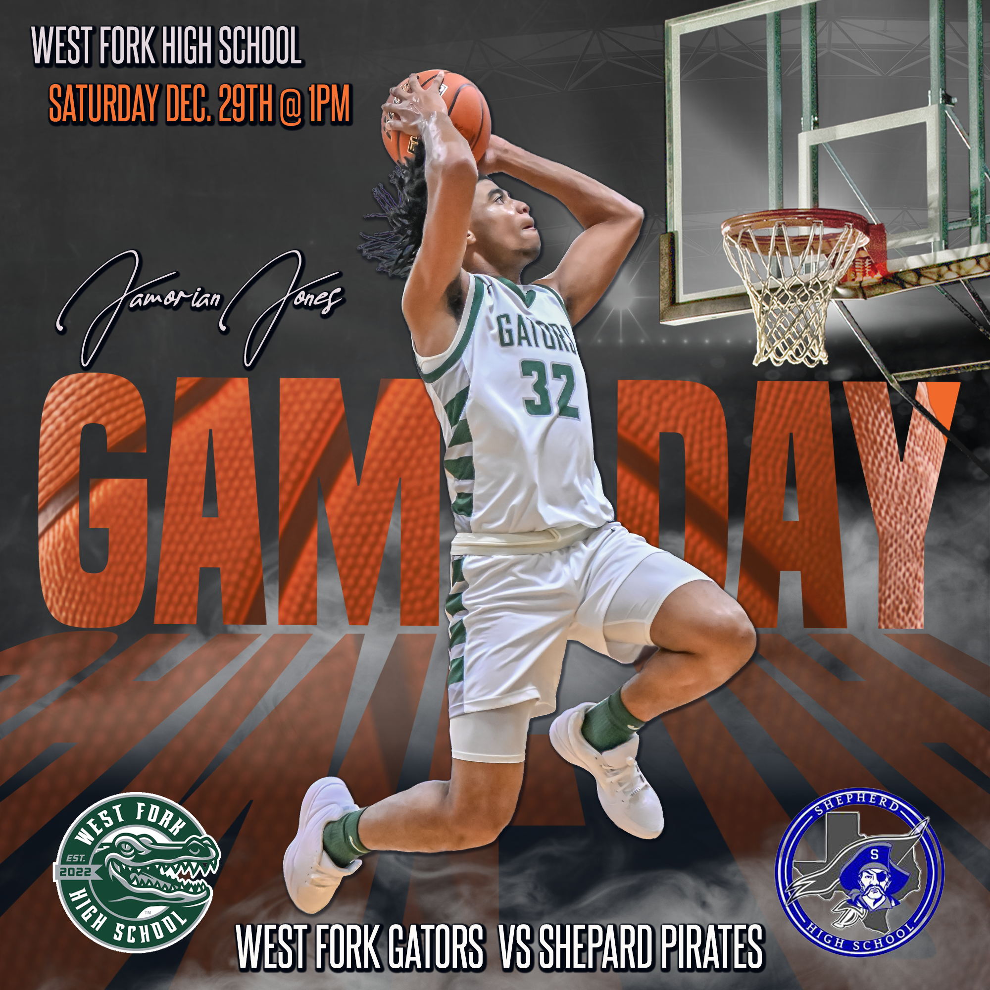 Basketball player in a white and green uniform jumping towards the hoop for a shot, with text overlay about a game between West Fork Gators and Shepard Pirates scheduled for Saturday, December 29th at 1 PM.