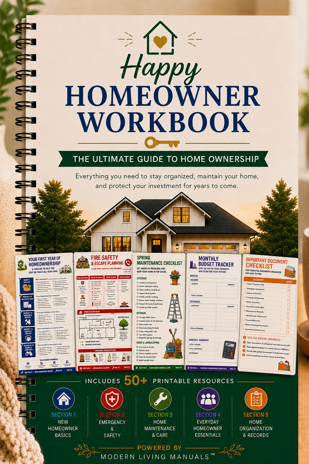 Cover of a 'Happy Homeowner Workbook filled with 50+ pages of printable homeownership resources. The cover shows 5 of the resources including the Fire Safety & Escape Planning, Spring Maintenance, Monthly Budget Planner & Important Doc Checklist.