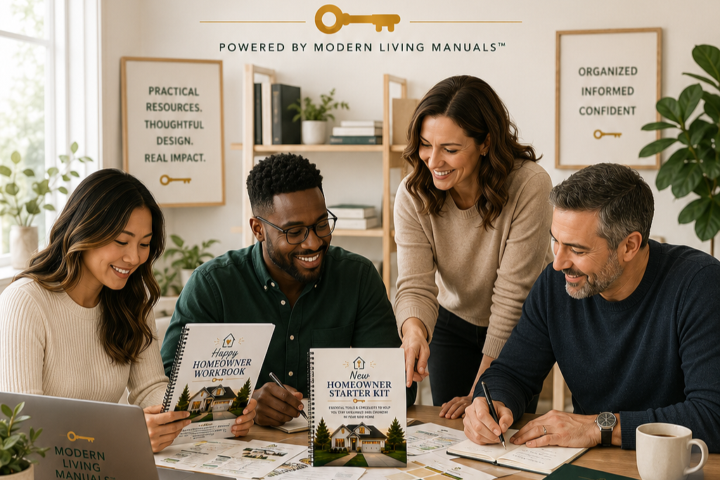 Four people discussing homeownership resources. A woman stands, pointing at a booklet titled 'New Homeowner Starter Kit.' In the background, there is a workbook and plants, and motivational messages about living intentionally and confidently.