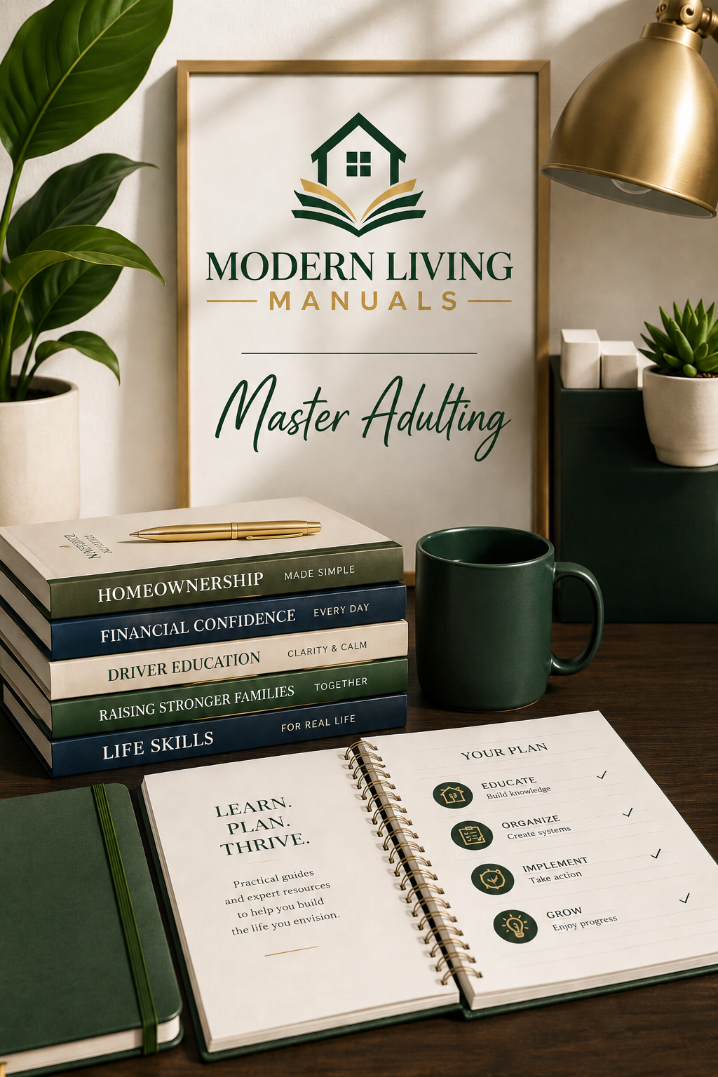 A workspace with a sign reading 'Modern Living Manuals" then "Master Adulting," a stack of books on homeownership, financial empowerment, driver education, raising stronger families, and life skills & a spiral notebook titled "Learn. Plan. Thrive."