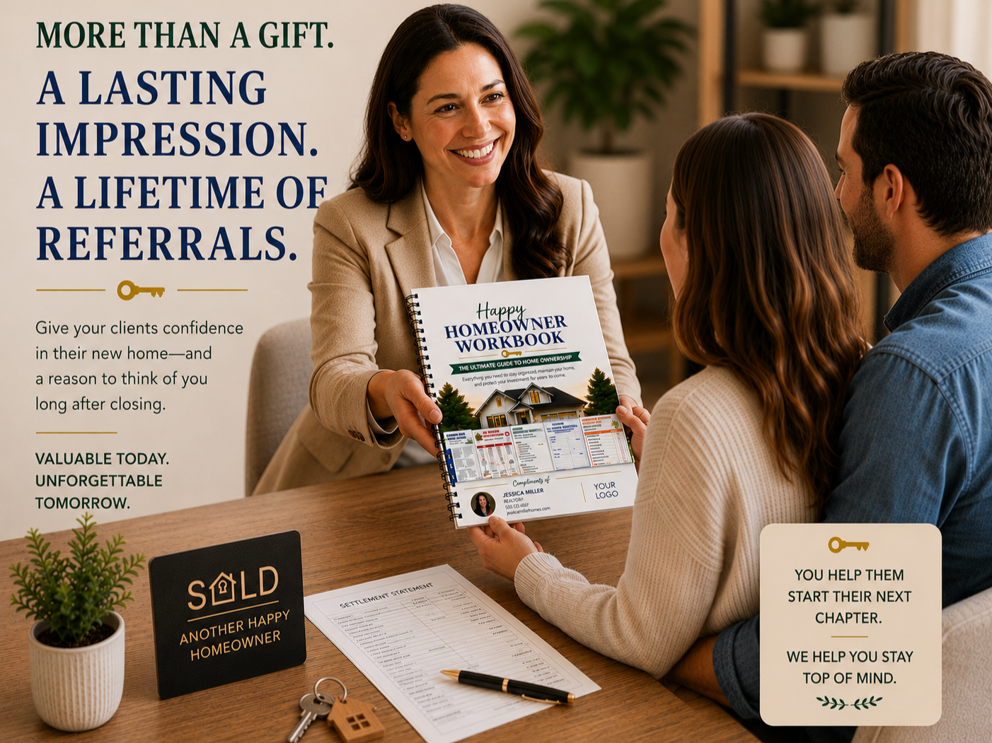 A real estate agent gifts her clients a Happy Homeowner workbook at closing, in a real estate brokerage office. The table has a potted plant, a settlement statement, house keys, and a sign that reads 'Sold.' The couple seems impressed by its value.