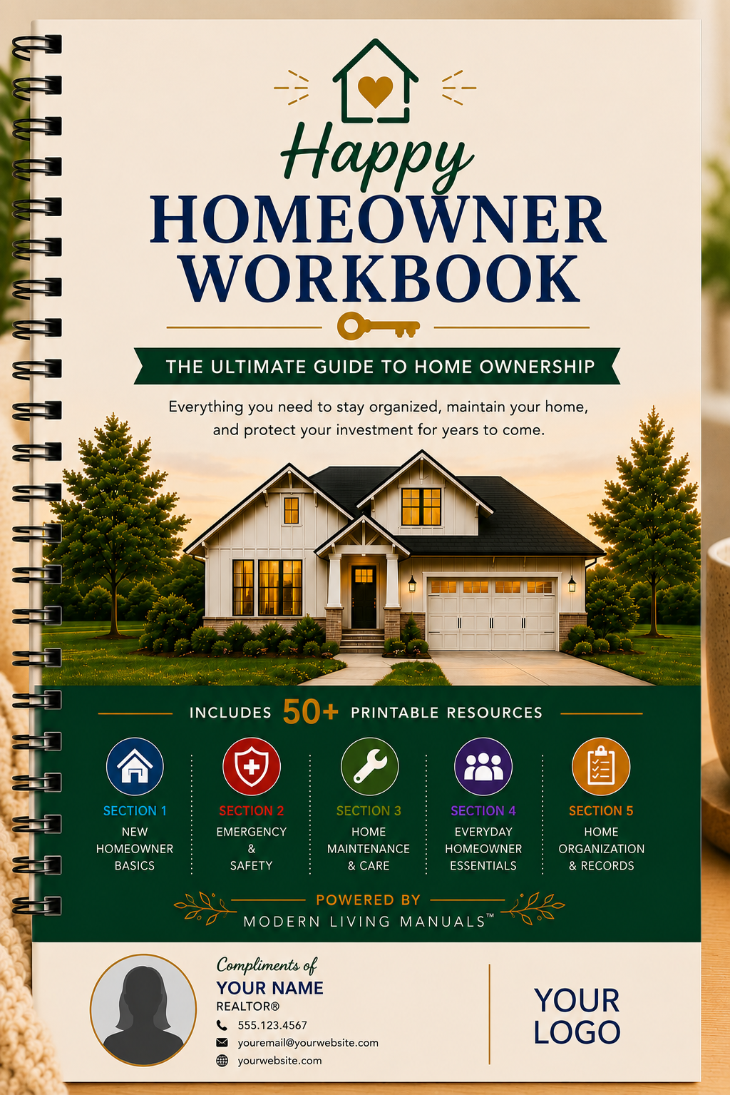 A spiral-bound booklet titled "Happy Homeowner Workbook" labeled as the Ultimate Guide to Homeownership with sections including new homeownership basics, emergency & safety, home maintenance, how-to guides, and document organization.