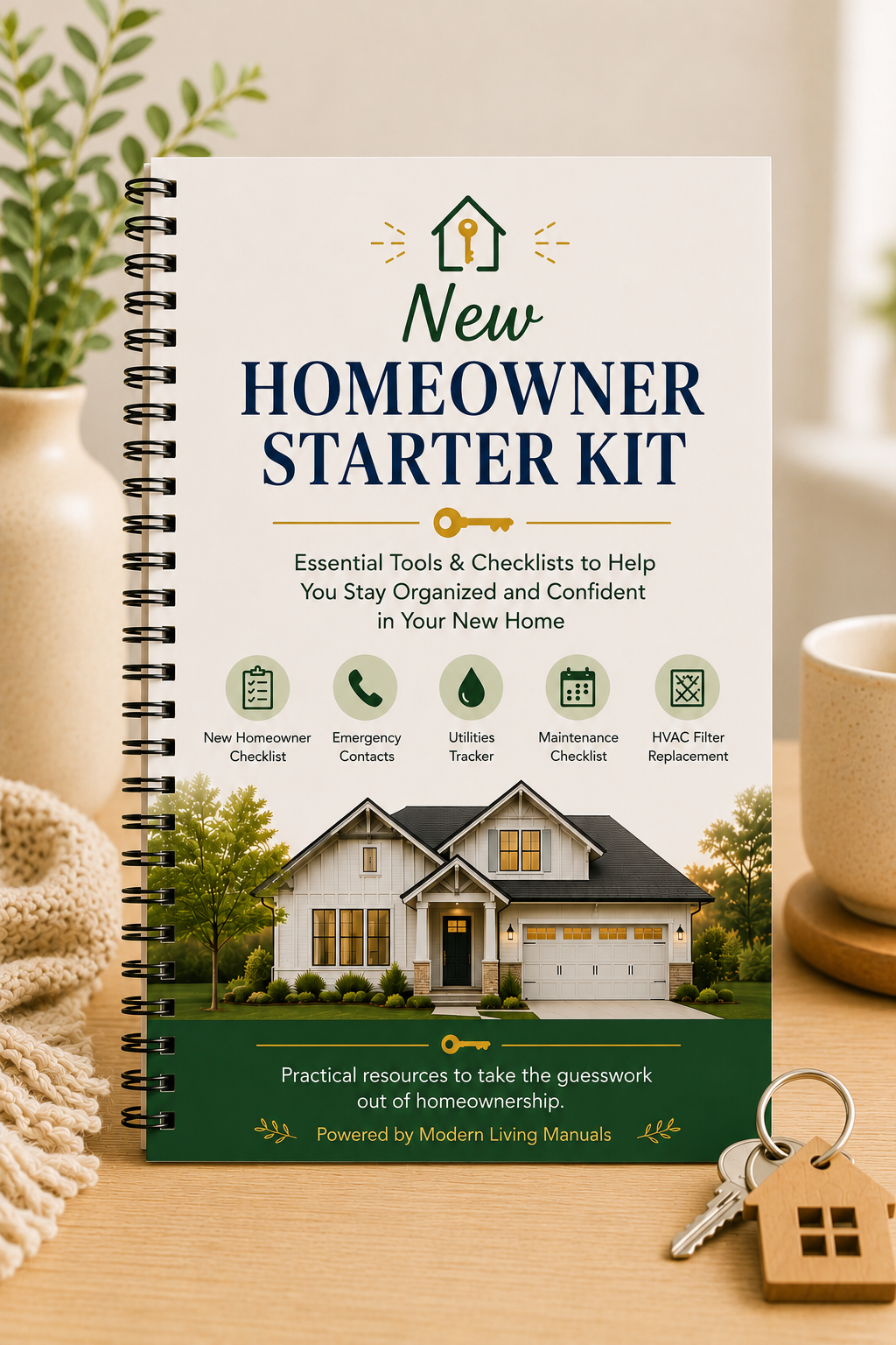 Cover of a new homeowner starter kit booklet for sale. Inside resources include a New Homeowner Checklist, Emergency Contacts, Home Utilities Tracker, Seasonal Maintenance Checklist & a HVAC Filter Replacement Guide.