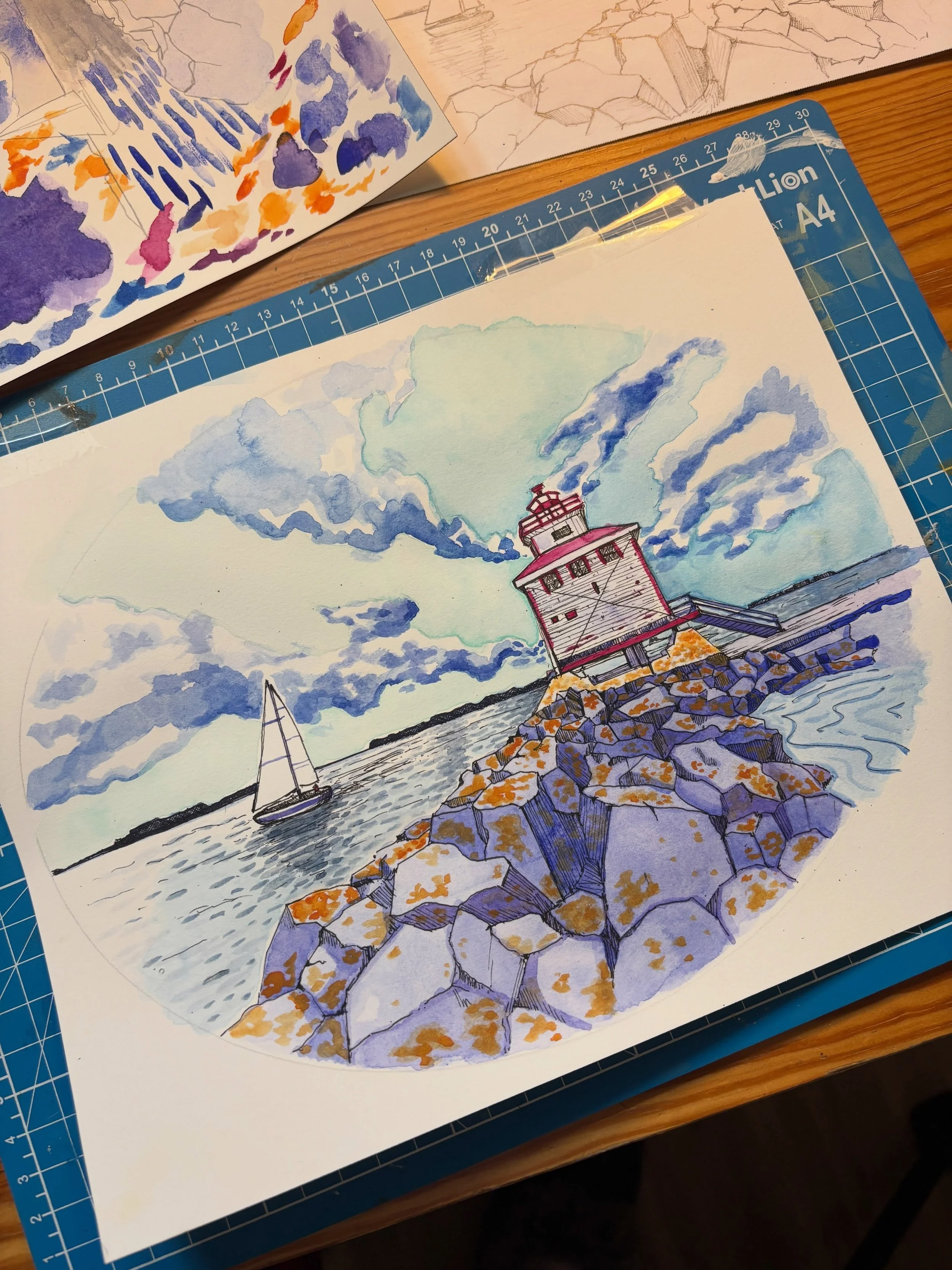 Watercolour painting of the Thunder Bay Main Lighthouse in a thrifted vintage frame ☆
&bull;
&bull;
&bull;
#watercolor #watercolourpainting #thunderbay #tbay #canadianartist