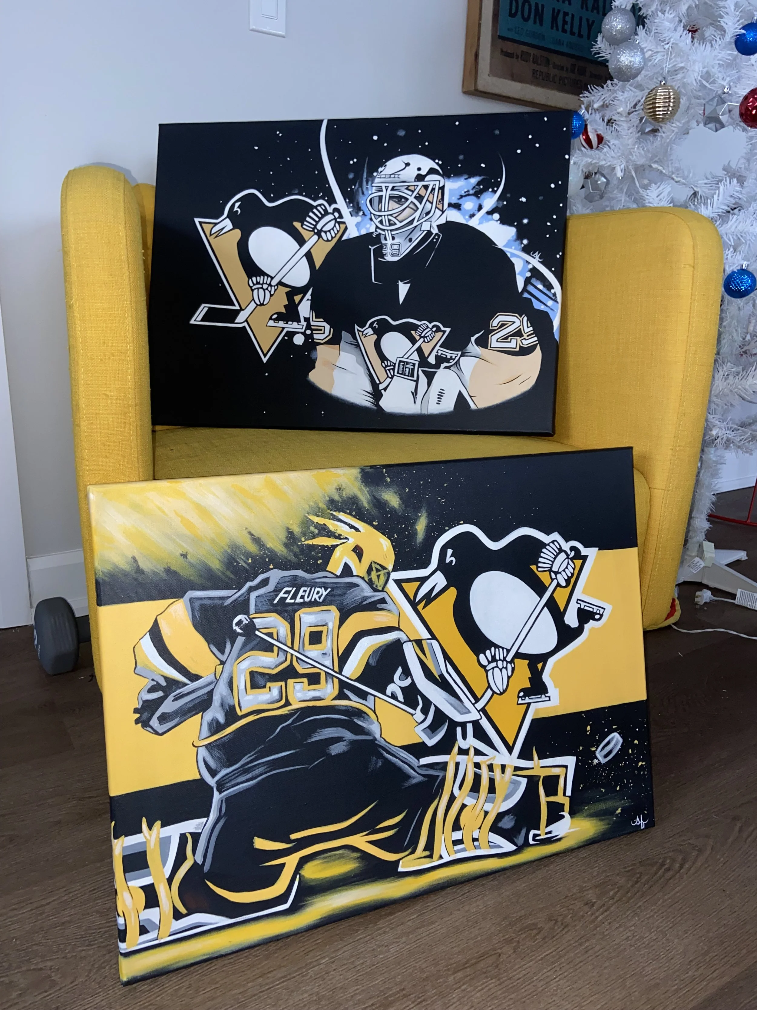 A painting of a hockey player in black and white uniform with yellow numbers, holding a hockey stick and skating forward, surrounded by an abstract yellow and black background.