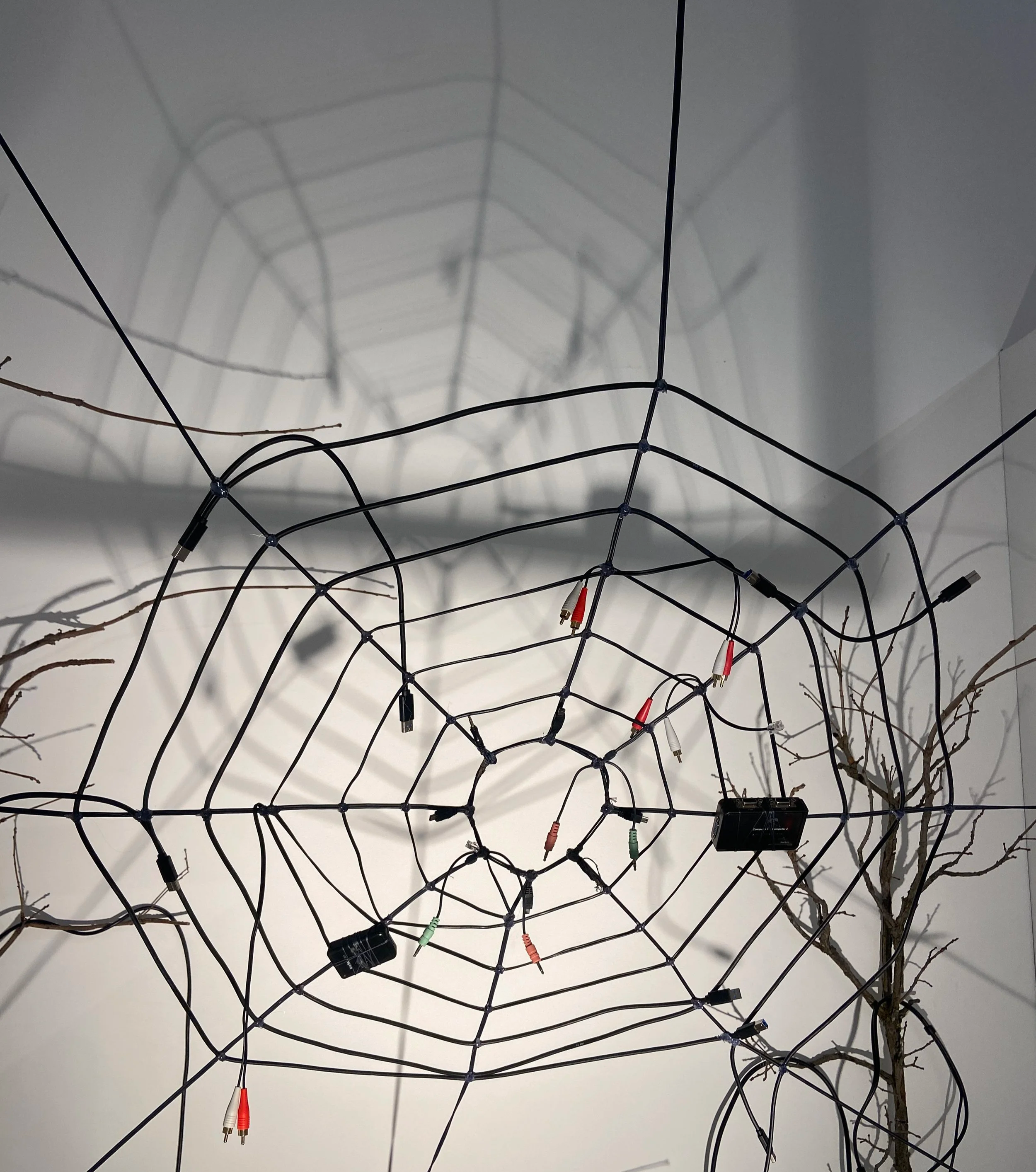 Wireframe structure with electronic components and wires, some with alligator clips, set against a gray ceiling with a spiderweb shadow.