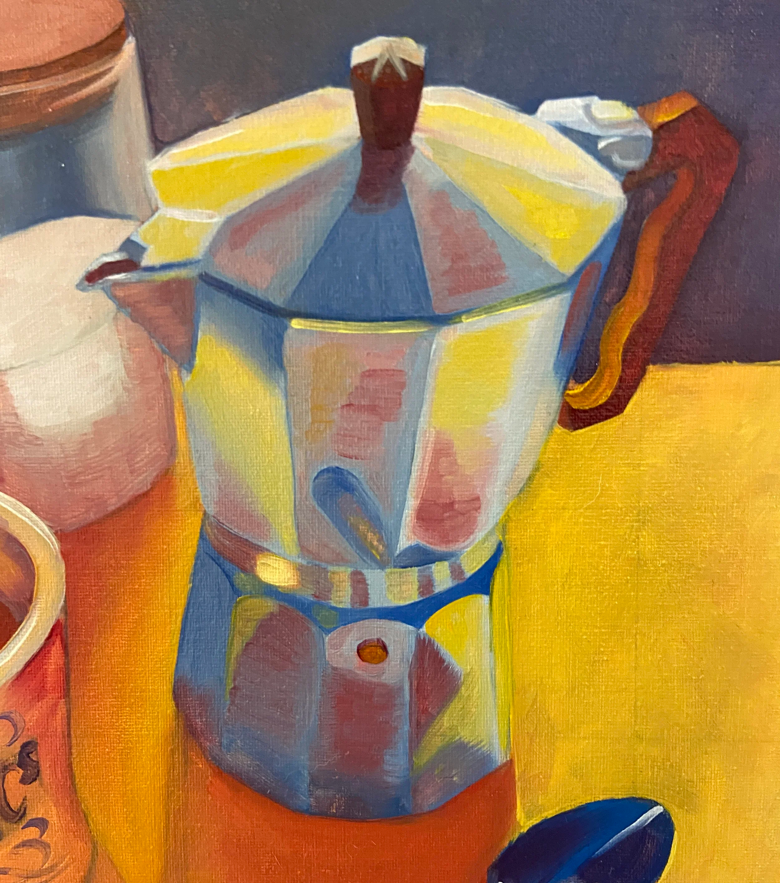 Close-up of a still life painting featuring a colourful teapot or coffee percolator, a mug labelled 'Balzac', a spoon, sugar, and a cup on an orange and yellow background.
