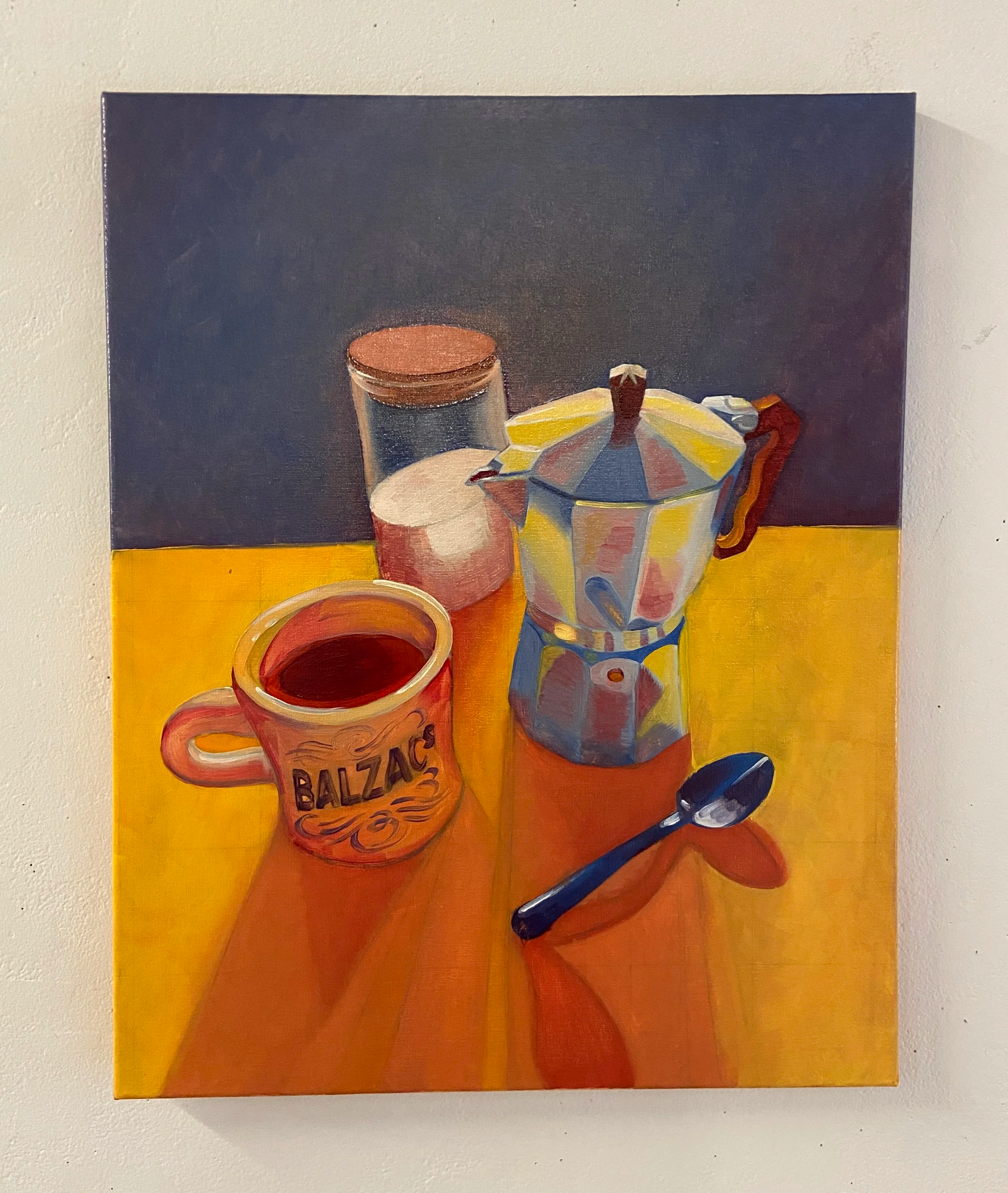 Painting of a colourful teapot or coffee percolator, a mug labelled 'Balzac', a spoon, sugar, and a cup on an orange and yellow background.