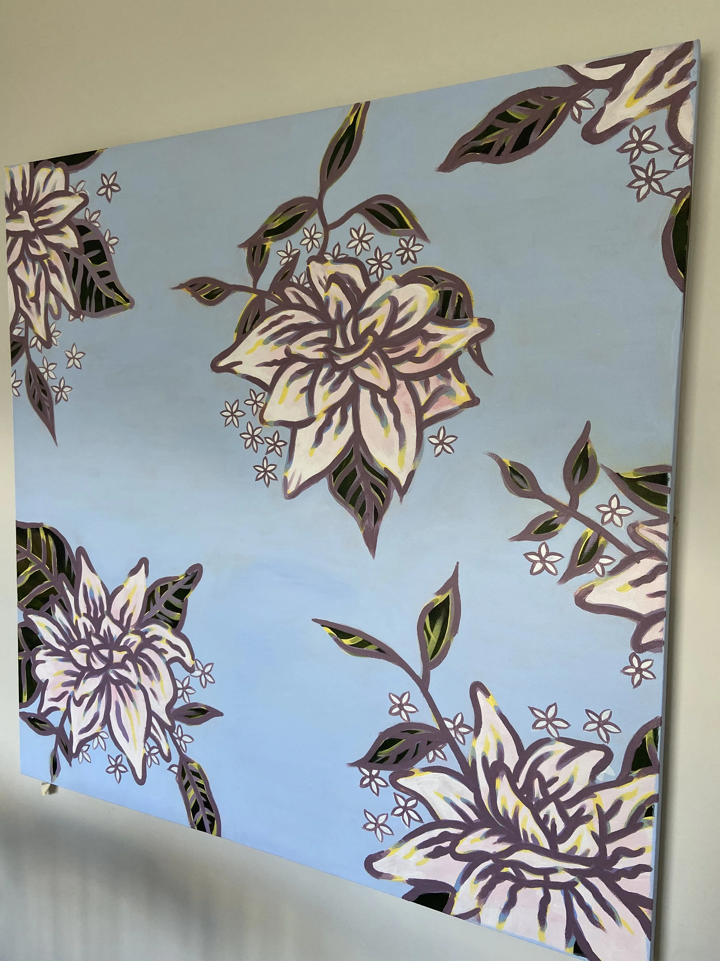 A decorative painting of white lilies and small flowers on a light blue background with dark outlines.