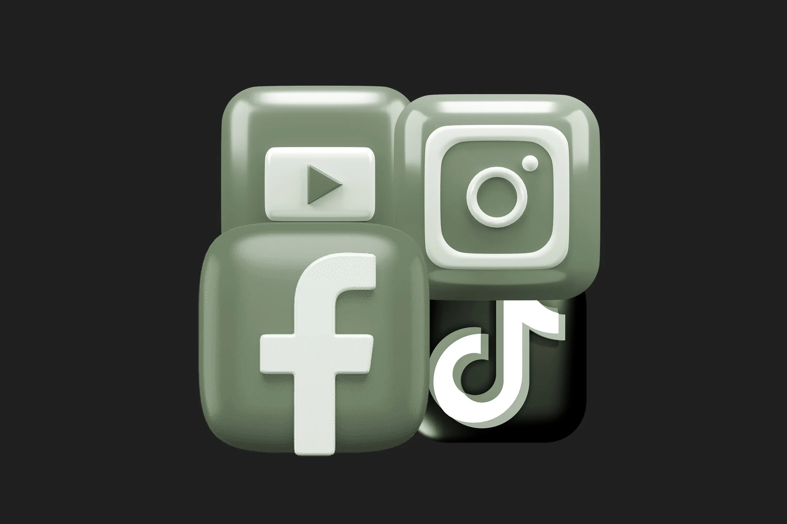 Drei Grüntöne-Icons, die die Logos von YouTube, Facebook und TikTok darstellen, auf einem schwarzen Hintergrund.