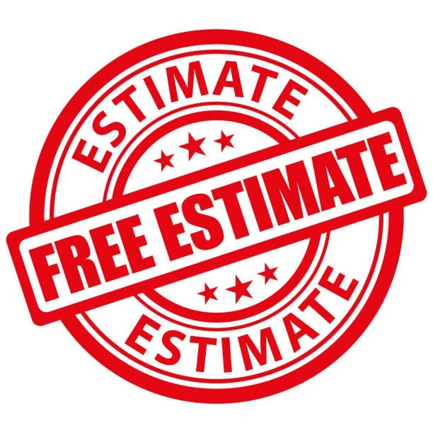 Red circular stamp with the words "Estimate" and "Estimate" at the top and bottom, and a banner across the center with the words "Free Estimate".