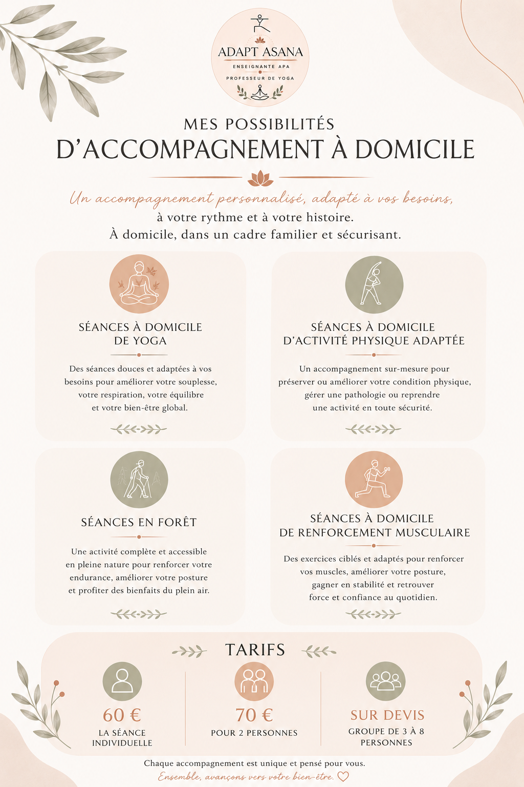Affiche promotionnelle pour des séances de yoga et d'activité physique à domicile, avec différents types d'accompagnements, tarifs et illustrations de personnes en yoga, exercice ou marche, décorée de motifs floraux et de couleurs douces.
