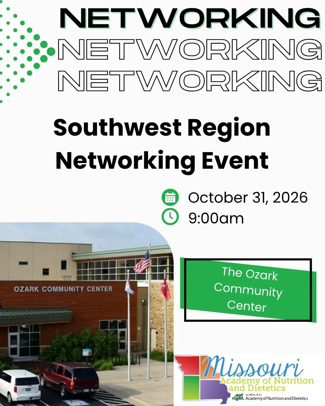 Get outside, get moving, and get to know your fellow dietitians! Join us at The OC for a casual walk and conversation with other RDNs in Southwest Missouri. No agenda, no presentations, just a chance to connect. See you there!

Register today at the 