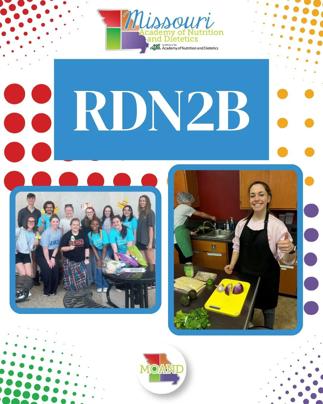 RDN2B is a MOAND program for Missouri nutrition and dietetics students on the pathway to becoming Registered Dietitian Nutritionists. Students design and complete a nutrition-related project connected to one of our industry sponsors, receive up to $2