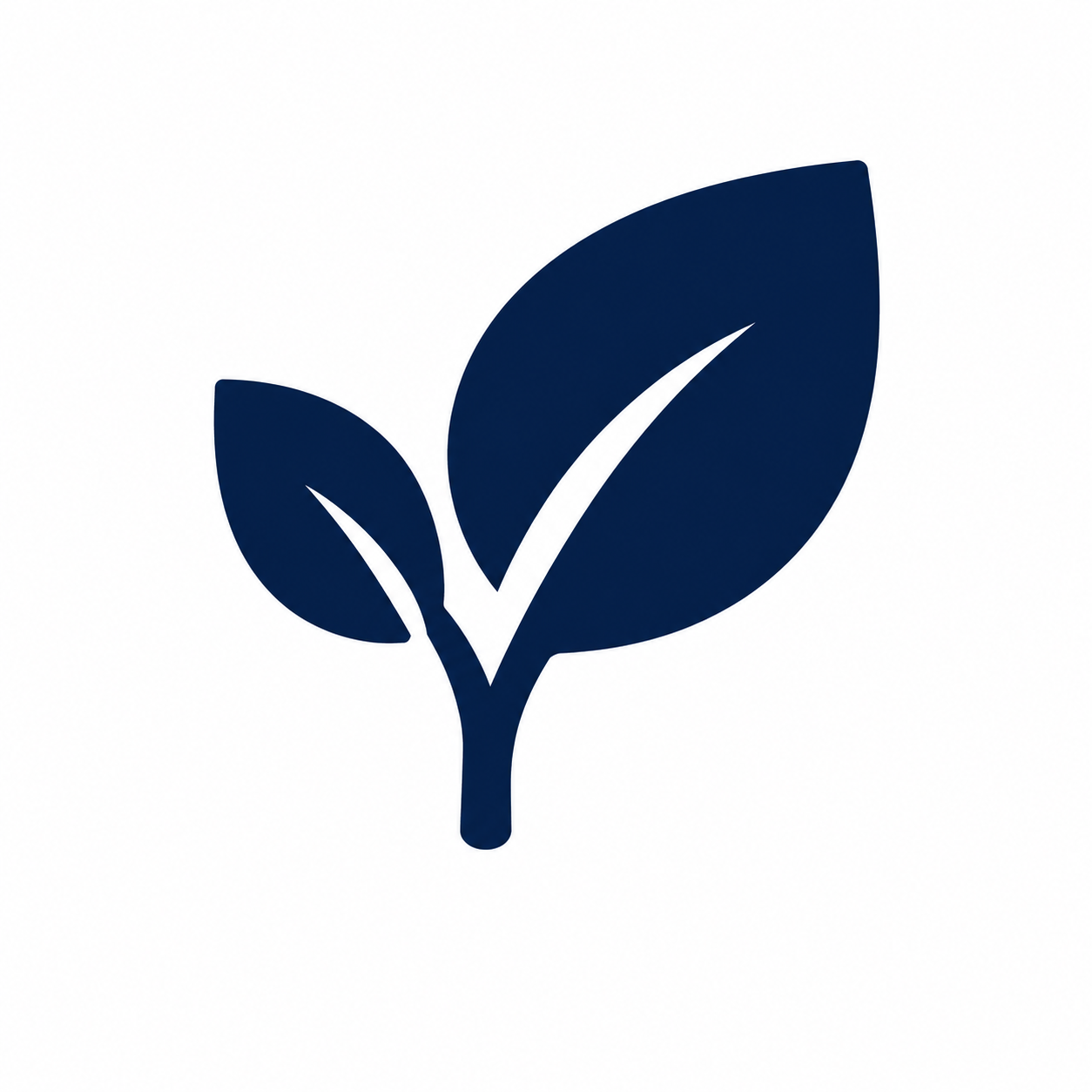 Ein dunkelblaues Logo mit einem stilisierten Blatt und einer Häkchenmarkierung