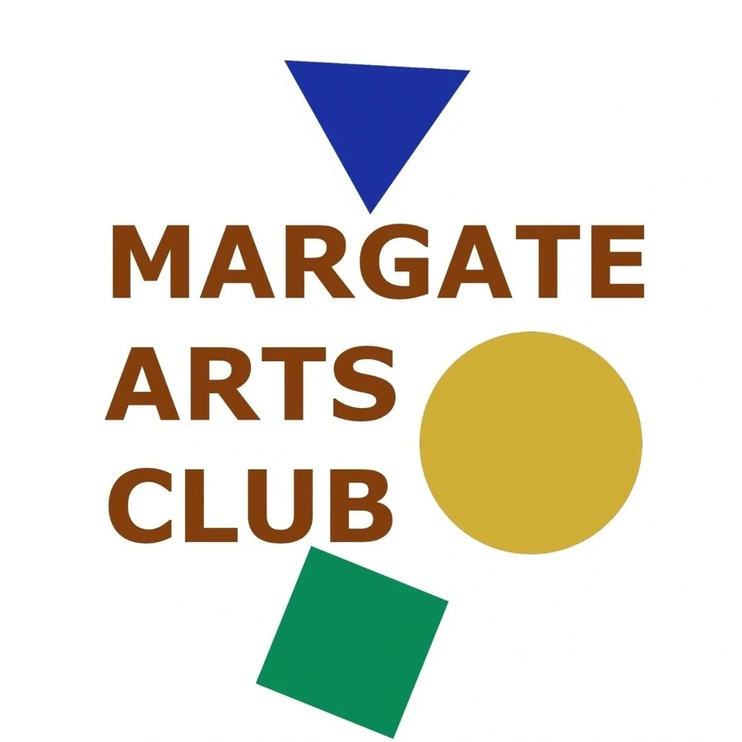 Logo of Margate Arts Club featuring a blue upside-down triangle, a gold circle, and a green square with the text 'MARGATE ARTS CLUB' in brown.