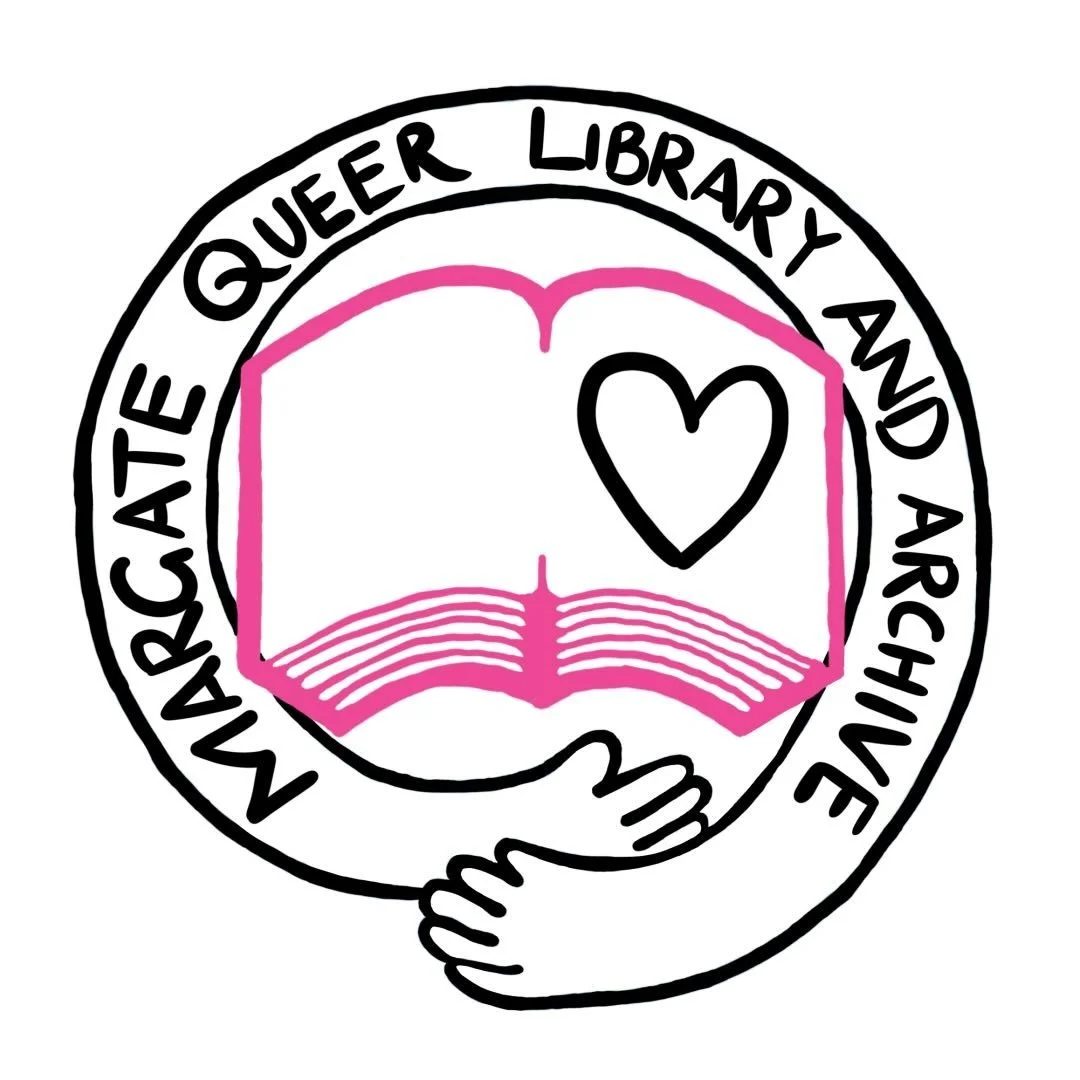 A circular logo with the text 'Maine Queer Library and Archive' around the perimeter. In the center, an open book with pink outlines and a black heart inside, with a hand holding the book.