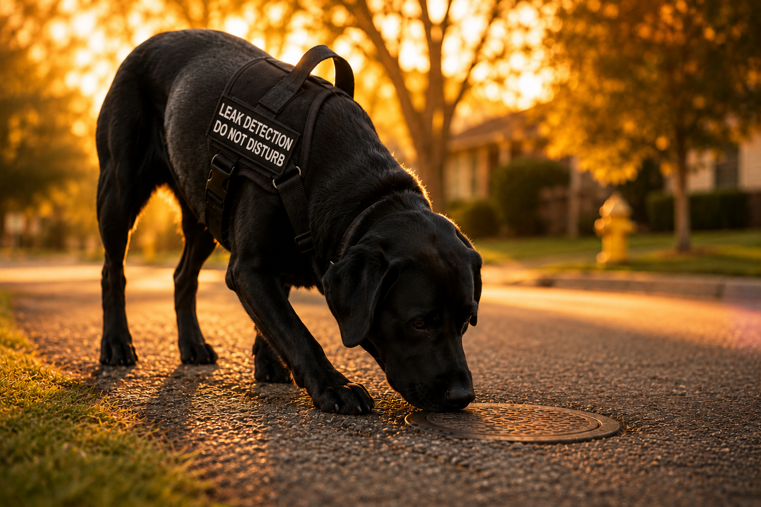 Black Labrador retriever wearing a harness labeled 'Leak Detection Do Not Disturb' sniffing at a manhole cover during sunset in a suburban neighborhood.