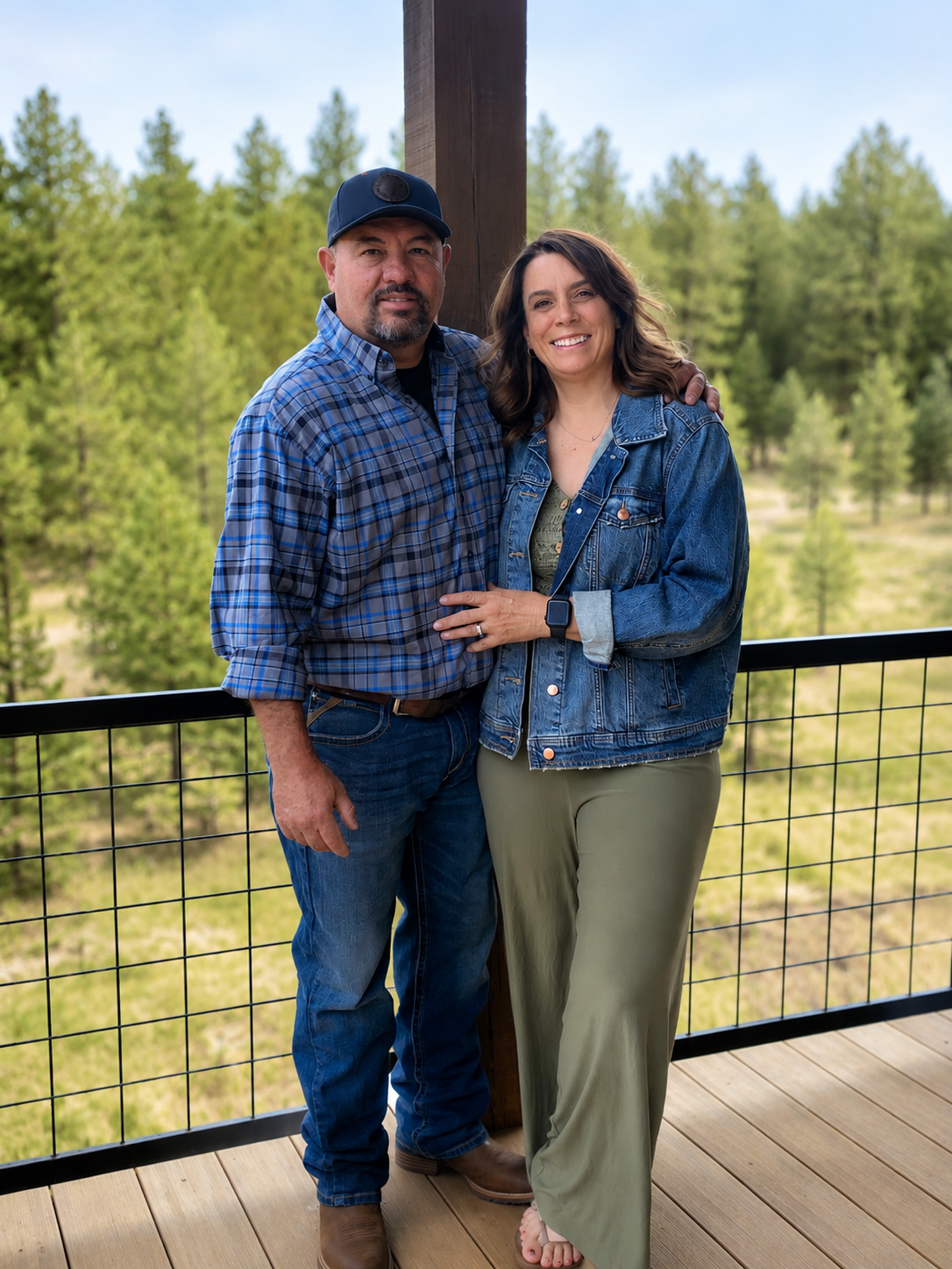 A man and woman standing close together outdoors on a balcony with a forested background, smiling at the camera.