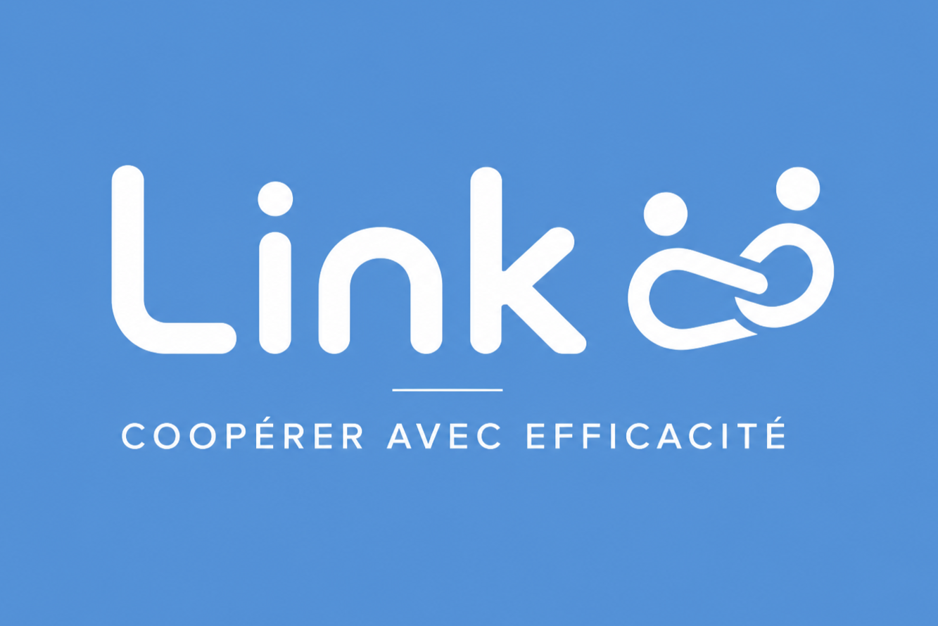 Logo de Link avec un symbole de connexion en forme de lien, sur fond bleu, accompagné du slogan 'Coopérer avec efficacité'