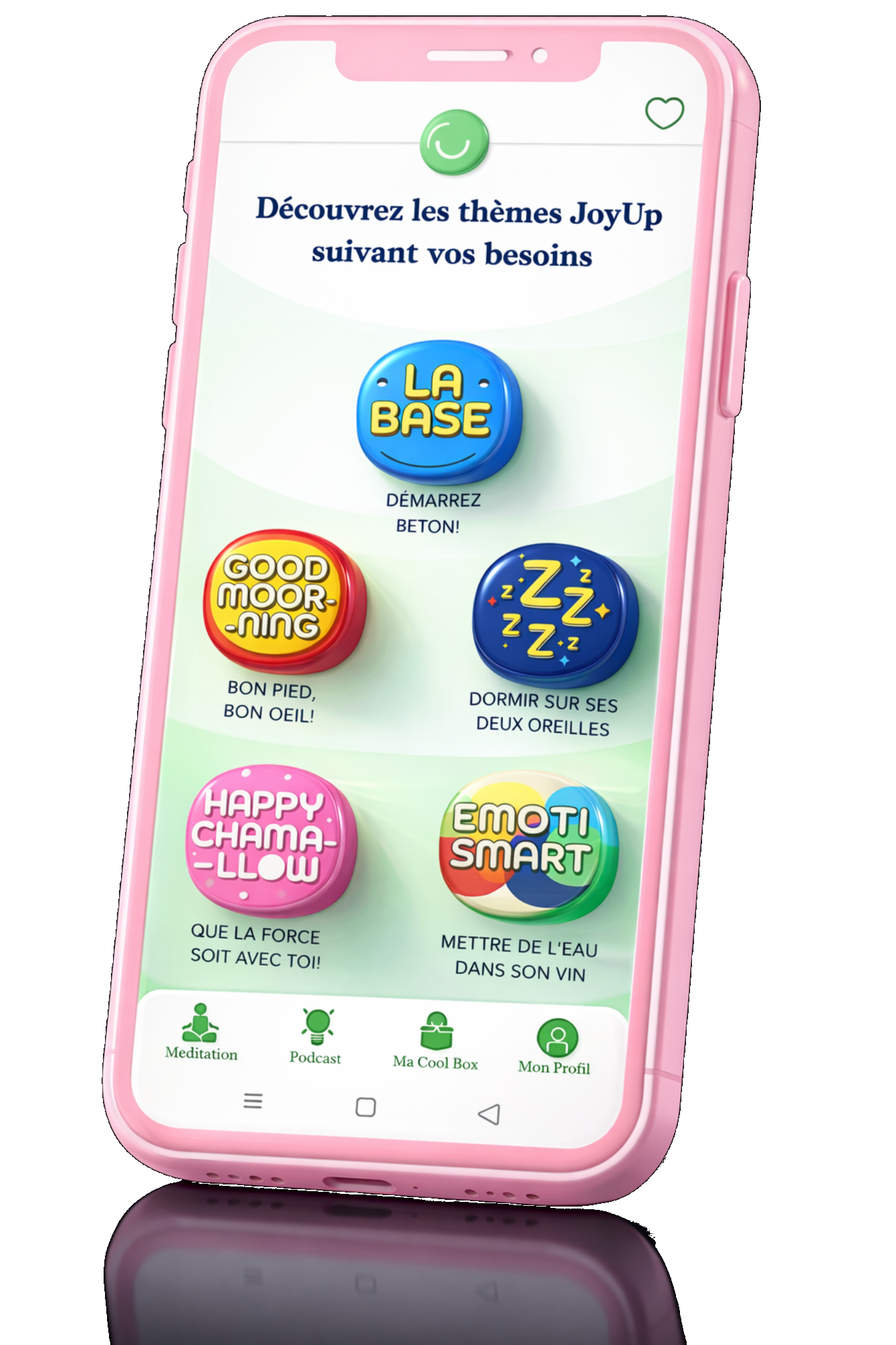 Capture d'écran d'une application mobile avec des thèmes inspirants, boutons colorés avec des phrases et icônes de navigation en bas, dans un téléphone rose.
