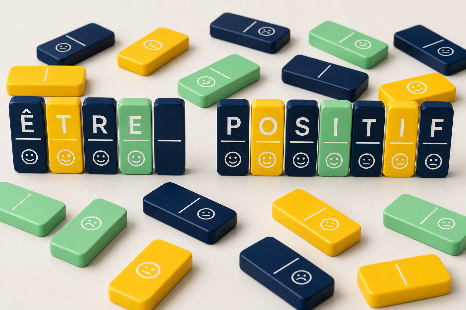 Domino en couleurs avec les mots 'Être positif' formés par les pions, entourés de pions avec des smileys expriment différentes émotions.