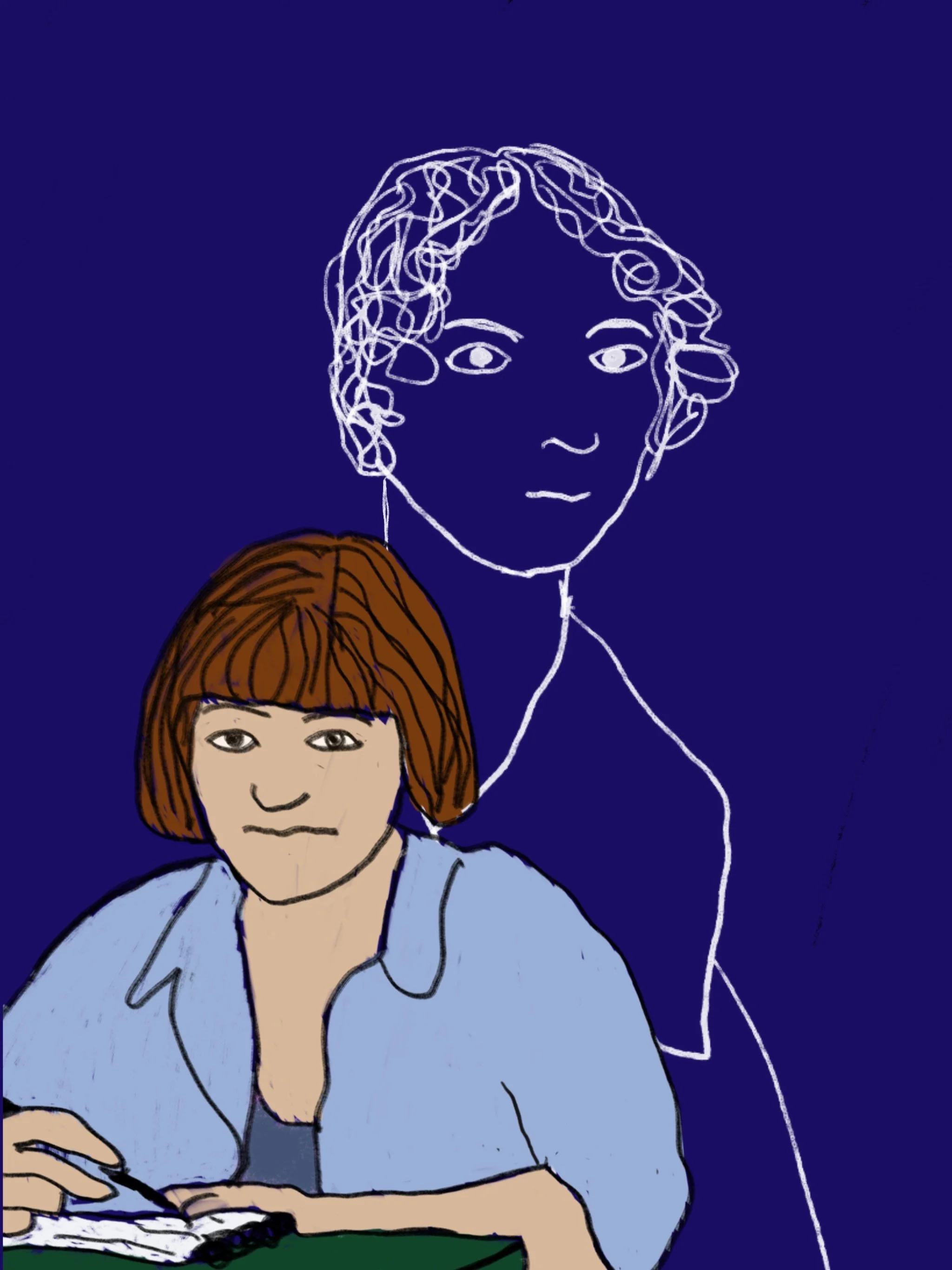 Emily Bronte is My Personal Enemy (2024). A digital drawing of a concerned looking woman, with an outlne of Emily Bronte behind her.